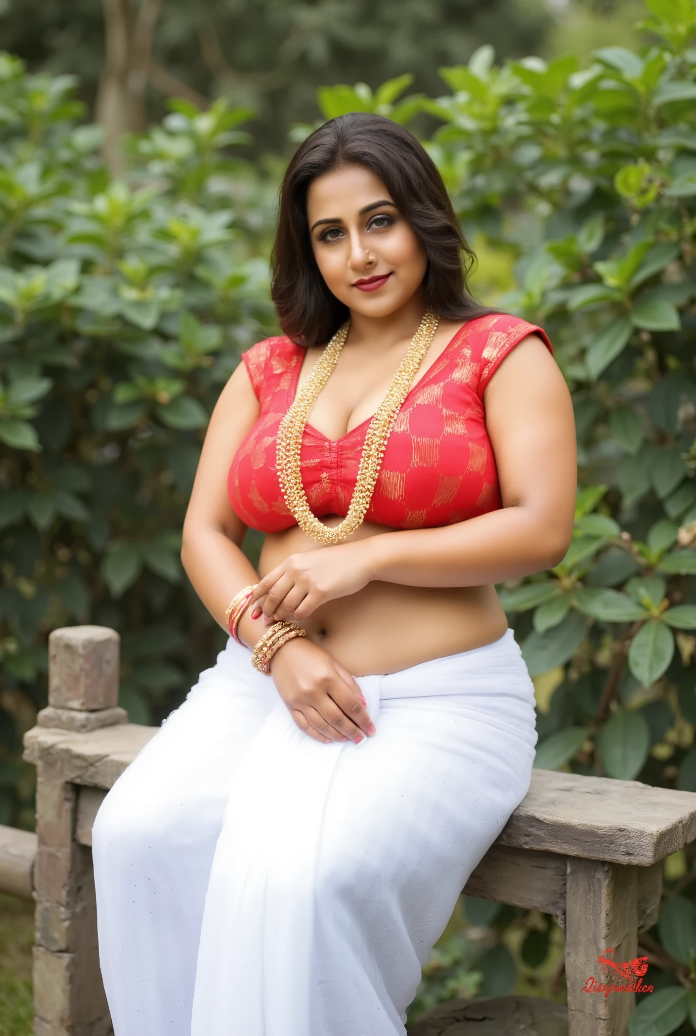 I am 40 year old plus size tall and big giant indian wife, looking like indian actress anushka shetty, wearing shining fully transparent white silk skirt and red bra, white skin tone, beautiful face, red lips, clean skin, celebrity face, thick leggs, round ass, huge breast,all indian ornaments like ,gold chain,gold necklace,gold ear ring with chain connect with nose ,nose stud ,auspicious thread in Necklace, Armlet, bangles,red sindur on head, sitting on a stool in Amazon forest, one oily skinned plus size curvy Voluptuous nigerian women, huge ass, huge, breast, and one oily skinned skinny extreme black muscular nigerian boy hugging hugging from both side, looking straight to camera, realistic photo, full body image, back side view, 