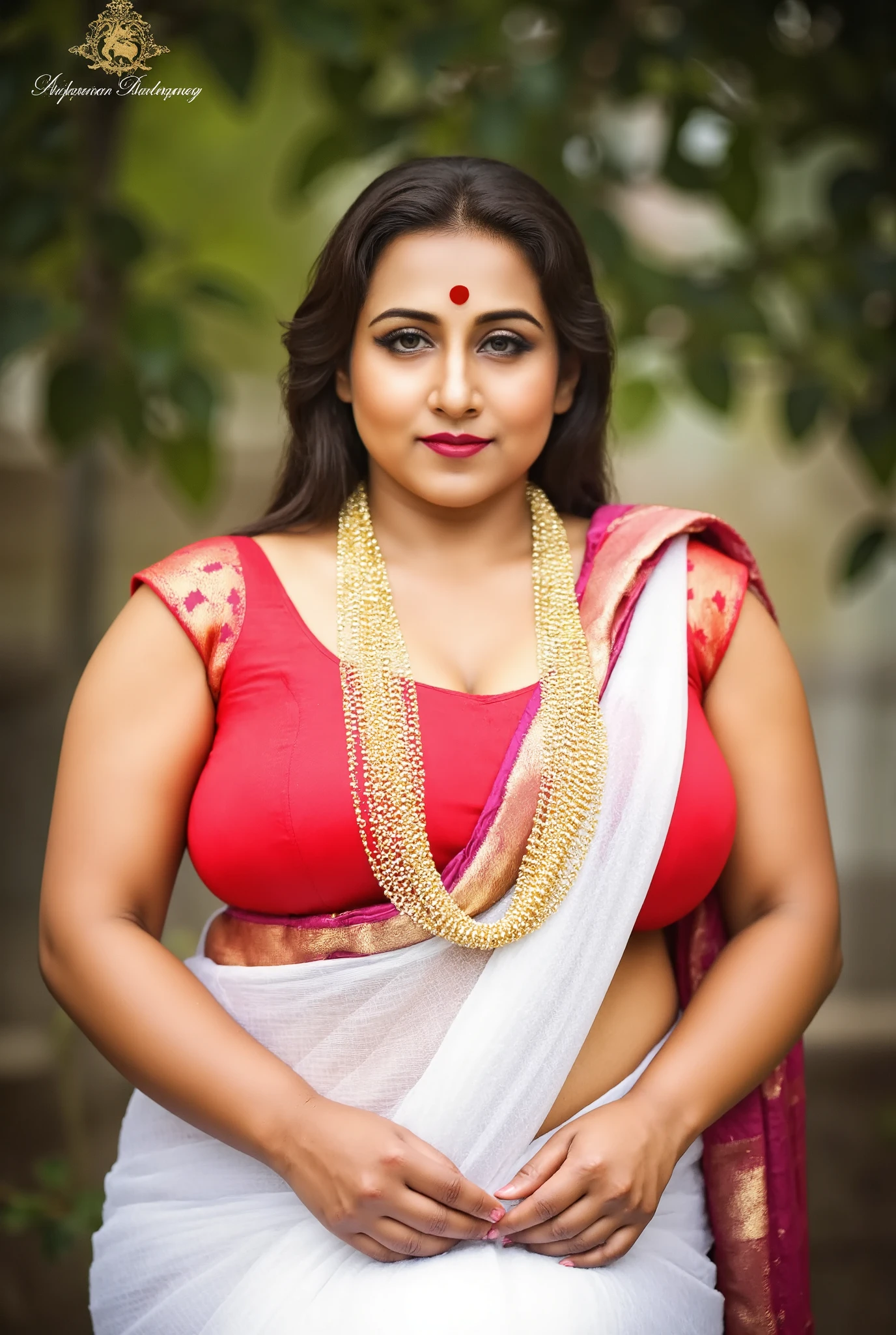 I am 40 year old plus size tall and big giant indian wife, looking like indian actress anushka shetty, wearing shining fully transparent white silk skirt and red bra, white skin tone, beautiful face, red lips, clean skin, celebrity face, thick leggs, round ass, huge breast,all indian ornaments like ,gold chain,gold necklace,gold ear ring with chain connect with nose ,nose stud ,auspicious thread in Necklace, Armlet, bangles,red sindur on head, sitting on a stool in Amazon forest, one oily skinned plus size curvy Voluptuous nigerian women, huge ass, huge, breast, and one oily skinned skinny extreme black muscular nigerian boy hugging hugging from both side, looking straight to camera, realistic photo, full body image, back side view, 