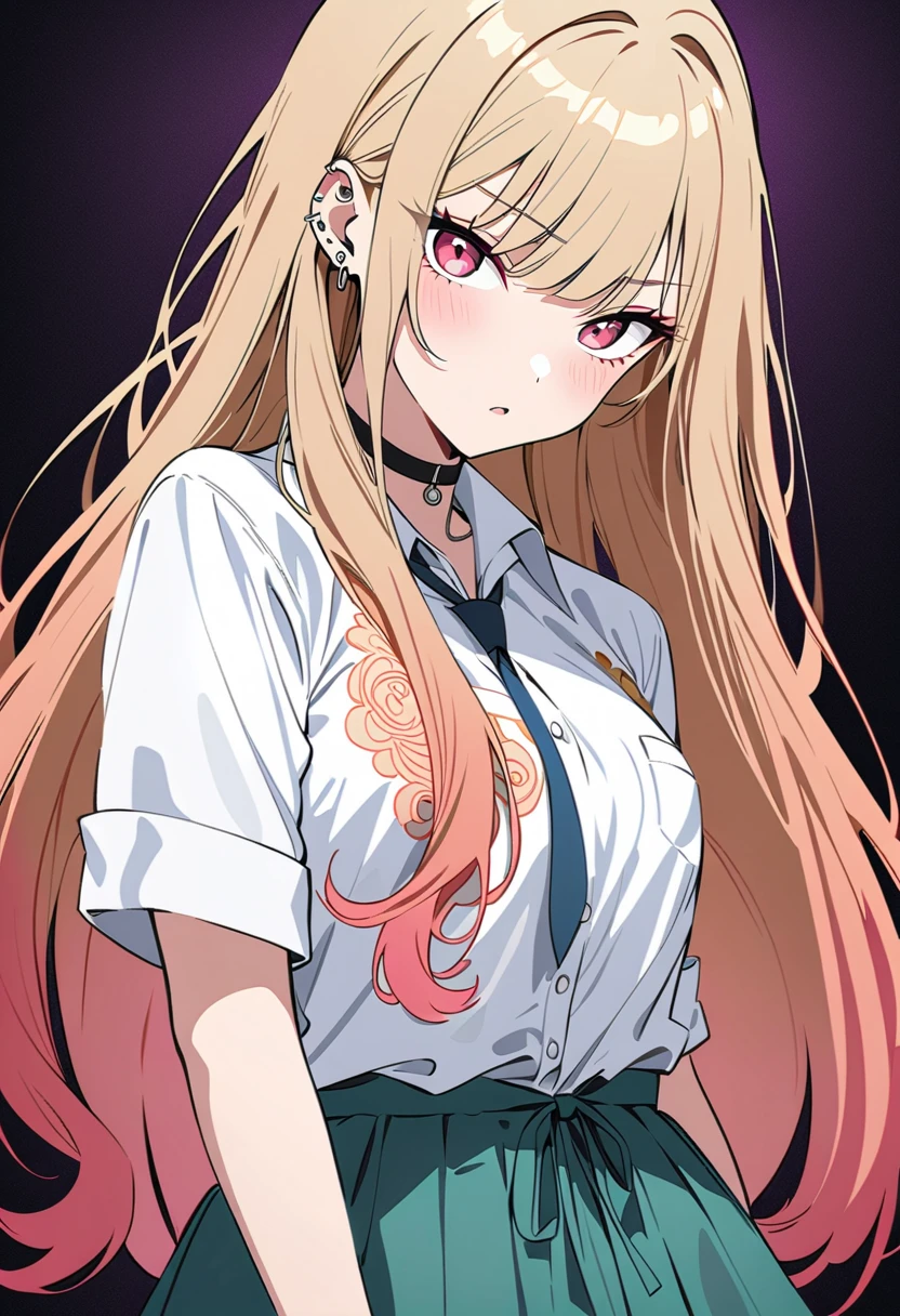 (masterpiece,  best quality, Mysterious aesthetics, Super detailed),  intricate detail that puts the arm in the crotch,  one girl ,  Kitagawa Marine, sono bisque doll wa koi wo suru, blonde, red eyes, Ear Piercing, Barbell Piercing,  black choker ,  colored shirt ,  white shirt,  earrings for a woman alone,  blue tie , Green, in,  stare , 