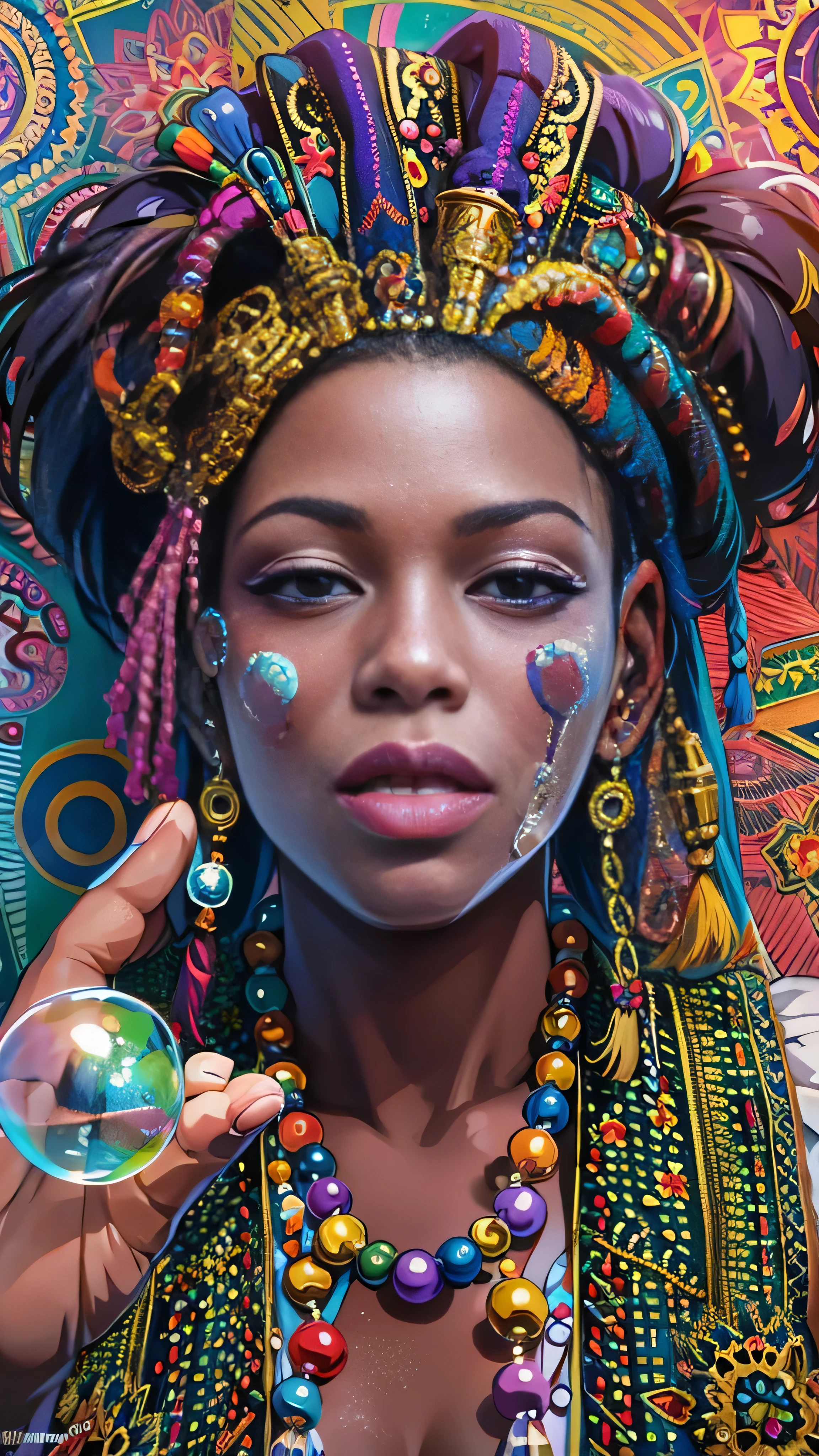 With high definition images，Two dreadlocks are blowing soap bubbles in the room, Darius Zawadzki and Tom Bagshaw,  psychedelic colouring, Smoking containers, 3D rendering of a shaman,  face details,  beautiful Gemini twins , Blowing bubble gum, Hippie Fashion  