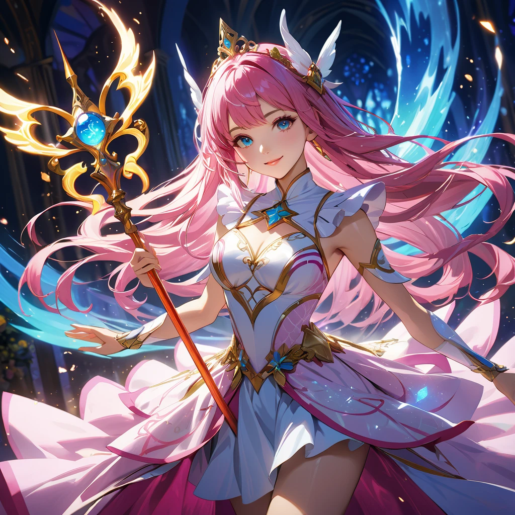 masterpiece,best quality,1girl,solo,smiling,magical_girl,white and pink costume,long magic staff,magical energy,dynamic pose,colorful magic effects,glowing,dramatic lighting,vivid colors,vibrant colors,detailed face,beautiful eyes,beautiful lips,luminous skin,fantasy,digital painting,intricate details,cinematic composition,highly detailed character,ethereal,mysterious,intricate details,ethereal atmosphere,dramatic lighting,cinematic composition,