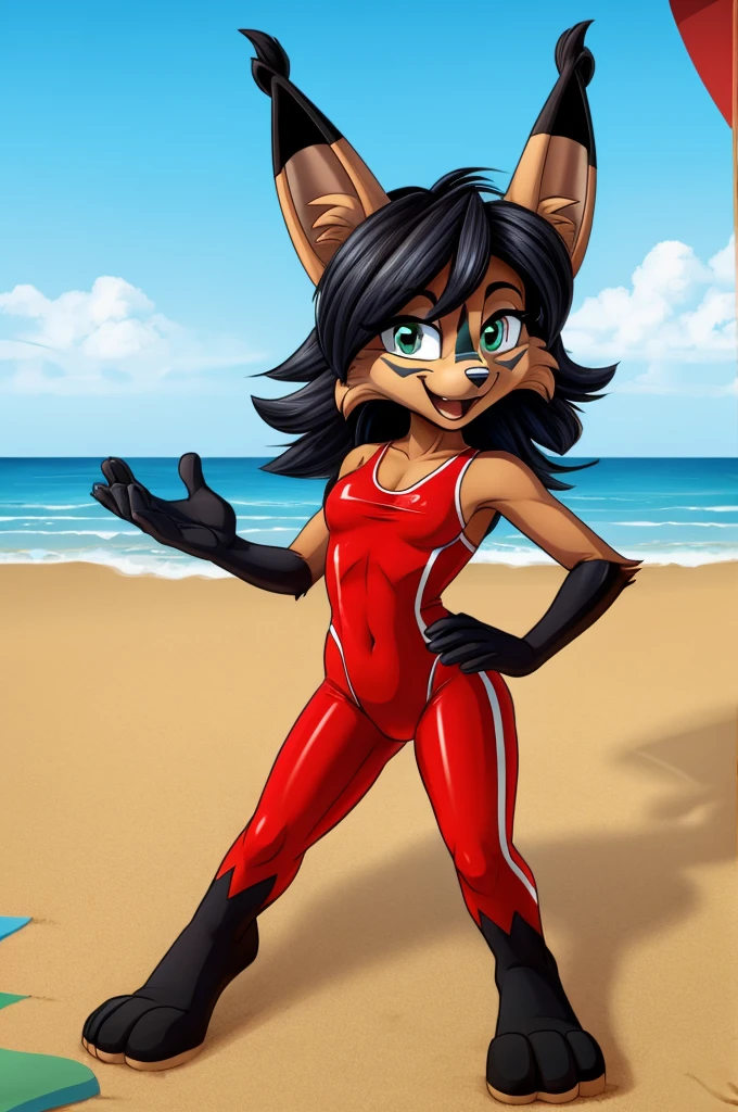 Lynx is a full-length cartoon girl slim skinny in a red tight lycra swimsuit on the beach with a happy face big feet black hair