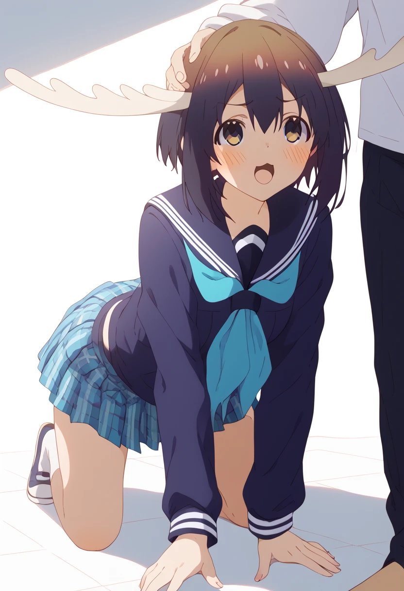 <lora:TomuStyle:1>, 1girl, hetero, 1boy, blue eyes, sex, sex from behind, clothed sex, bangs, blush, doggystyle, open mouth, grass, blunt bangs, long sleeves, all fours, solo focus, hat, panties, underwear, pants, pants pull, clothes pull, outdoors, torso grab, tree, panty pull, puffy sleeves, large breasts,