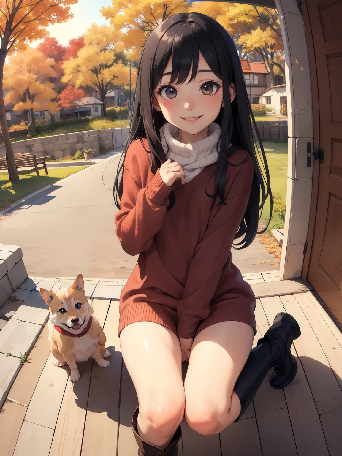 ( super flat ， flat shading ， flat color), (close),   Fisheye Lens ，cute little chubby mother and cute daughter， short stature ， flat chest，  Thin Thighs ， warm oversized sweater ， muffler  ，Long Hair,   boots, smile, smile, fun, play, autumn, autumnのきれいな紅葉,  At dusk，Beautiful sunset, Wide angle,   bright color , watercolor, Ghibli style，  girl&#39;Lure，