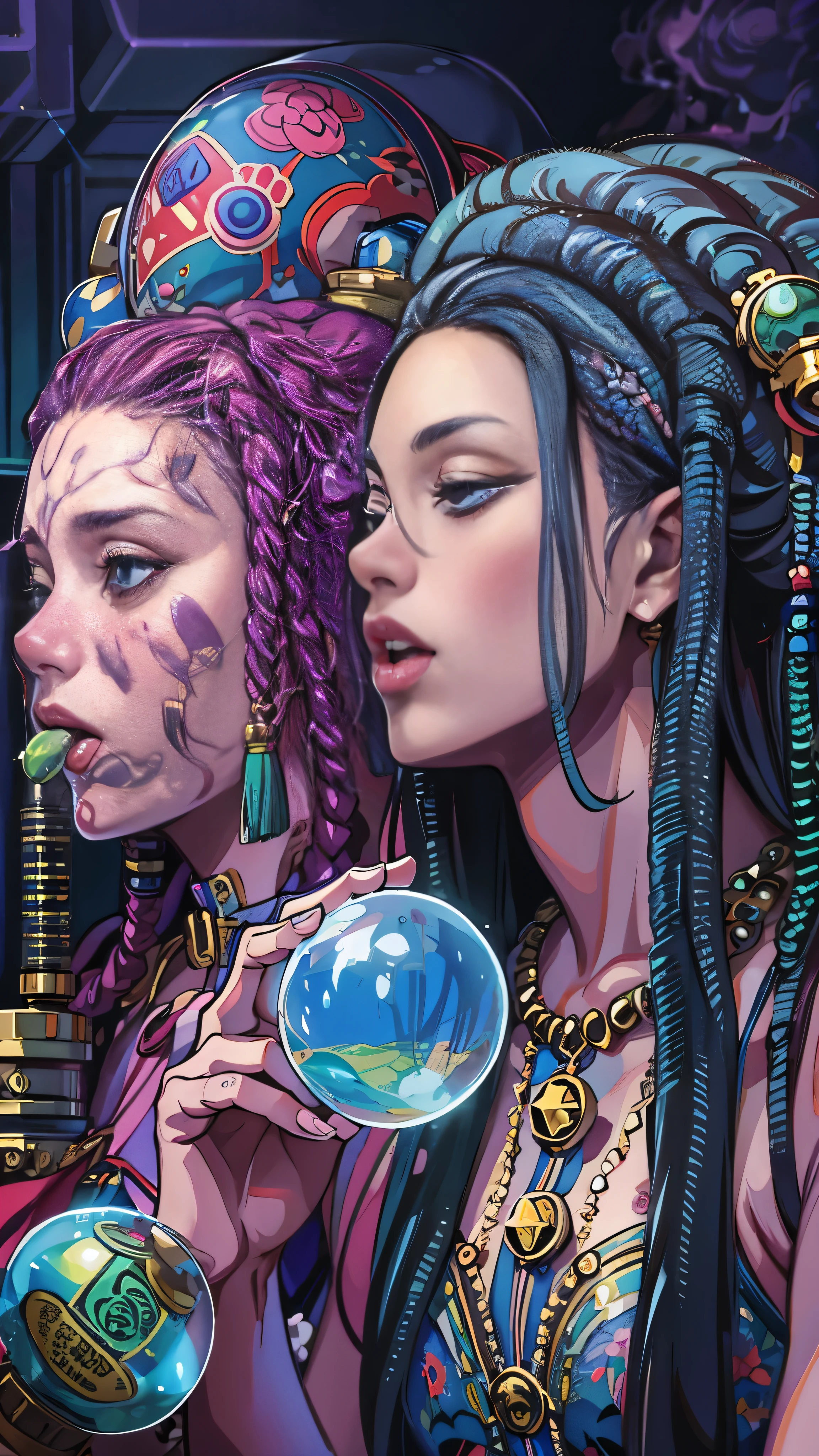 Two women with dreadlocks blowing bubbles in a dark room, Darius Zawadzki and Tom Bagshaw, Teen Biopunk Cyborg, psychedelic colouring, Smoking containers, 3D rendering of a shaman, Oxygen mask,  beautiful Gemini twins , Blowing bubble gum, Hippie Fashion  