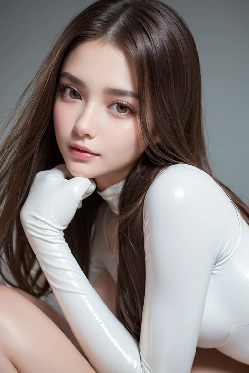Latex bodysuit、Knee-high boots、Huge 、Long brown hair、Shiny, Oily skin、Glowing Skin、Indoor competition pool、White skin、Flying debris, Highest quality, Realistic, Very detailed, finely, High resolution, 8K デンデ wallpaper, One beautiful woman,, Light brown messy hair, Wear a business suit, Sharp focus, Perfect dynamic composition, Beautiful and detailed, Detailed Hair, Detailed Realistic skin texture, smile, Close-up portrait, Model body type