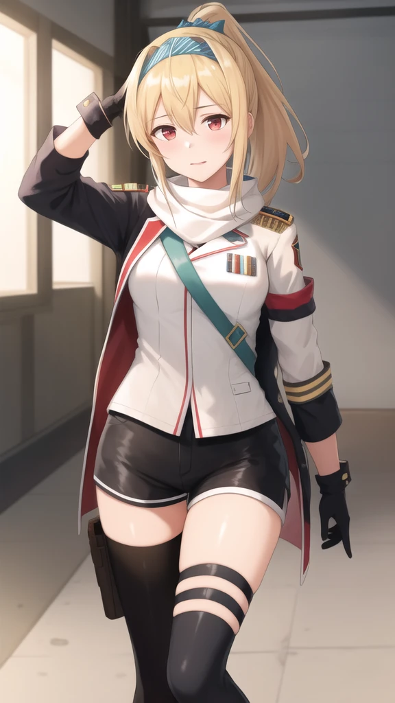 (masterpiece, best quality:1.2),illustration,absurdres,8k,hd,1girl,solo,cowboy shot,sv-98 (girls frontline),long hair,looking at viewer,fringe,white scarf,thigh strap,blonde hair,hair between eyes,brown footwear,red eyes,ponytail,short shorts,thighhighs,white jacket,asymmetrical legwear,black gloves,boots,uniform,hairband,