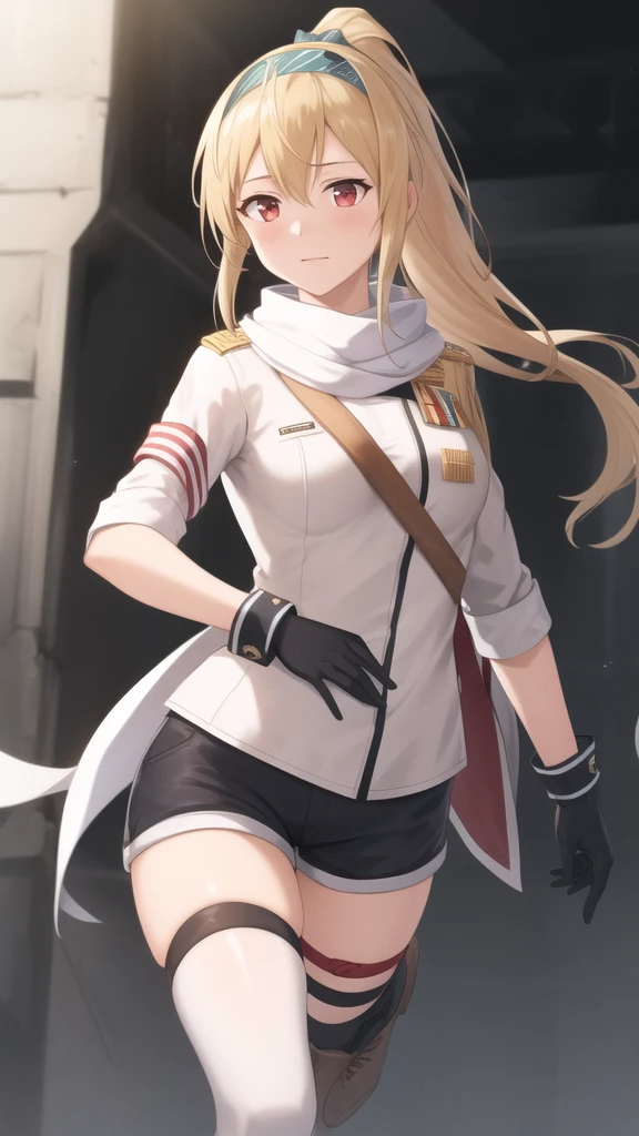 (masterpiece, best quality:1.2),illustration,absurdres,8k,hd,1girl,solo,cowboy shot,sv-98 (girls frontline),long hair,looking at viewer,fringe,white scarf,thigh strap,blonde hair,hair between eyes,brown footwear,red eyes,ponytail,short shorts,thighhighs,white jacket,asymmetrical legwear,black gloves,boots,uniform,hairband,