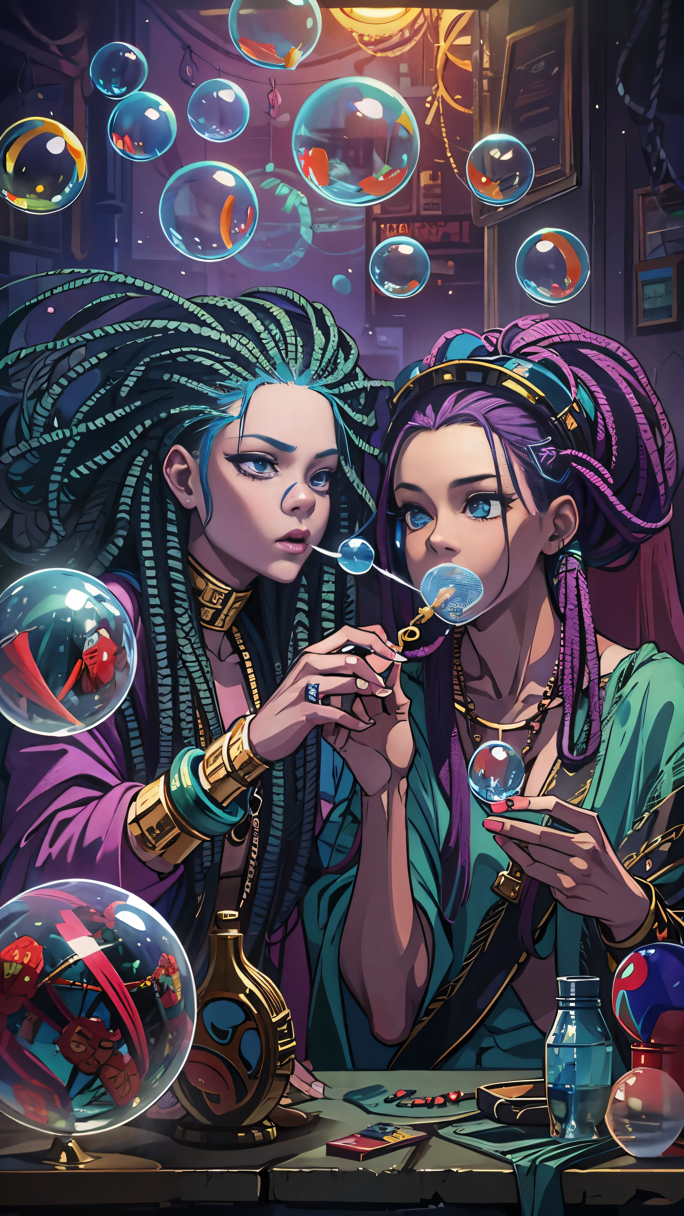 Two women with dreadlocks blowing bubbles in a dark room, Darius Zawadzki and Tom Bagshaw, Teen Biopunk Cyborg, psychedelic colouring, Smoking containers, 3D rendering of a shaman, Oxygen mask,  beautiful Gemini twins , Blowing bubble gum, Hippie Fashion  