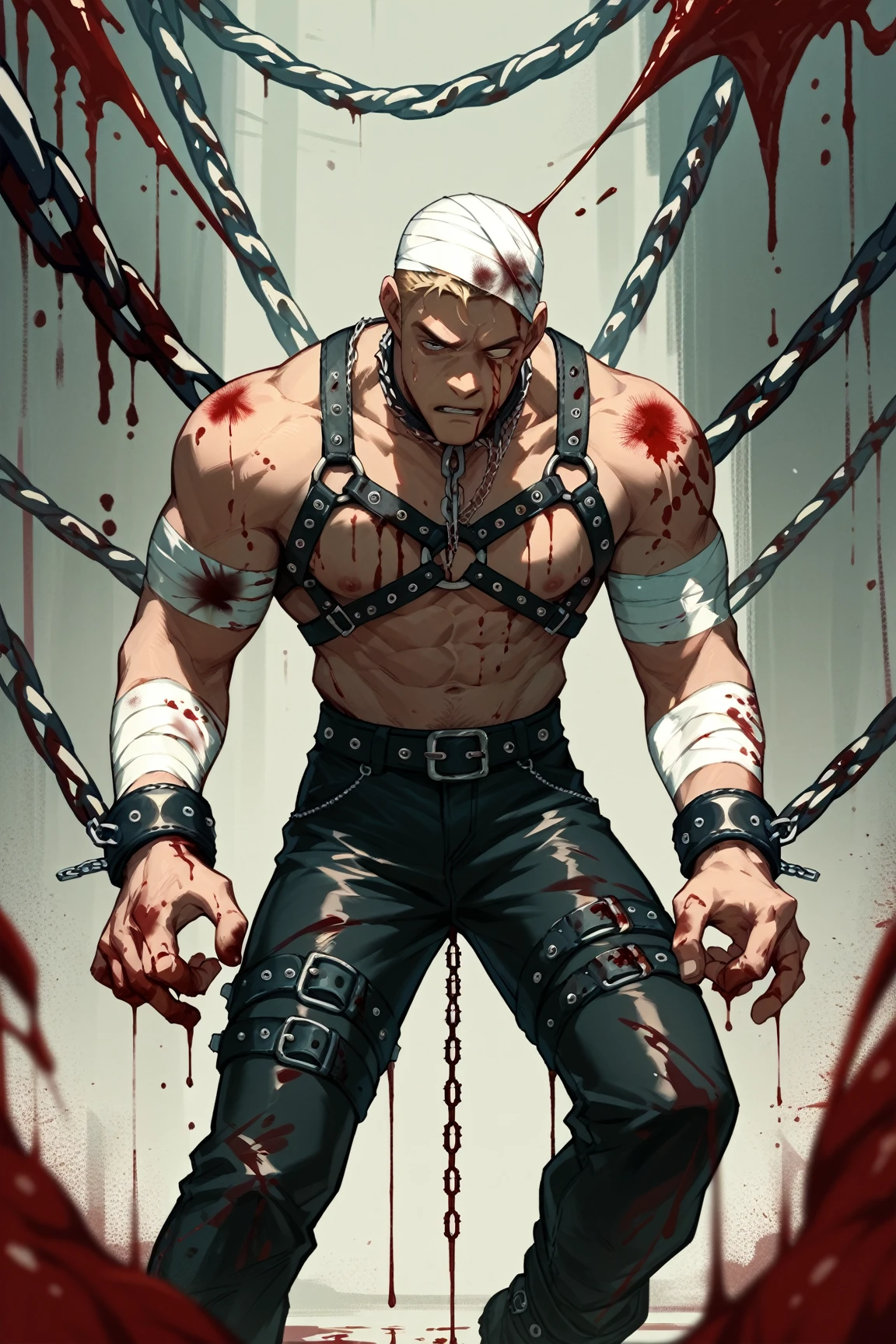 a naked male sissy slave, extremely detailed, highly realistic, high quality, hyper detailed, cinematic lighting, detailed face, beautiful eyes, full body, muscular physique, submissive pose, on knees, begging, leather collar, chains, dungeon interior, moody lighting, dramatic shadows, gritty, dark, grungy, muted color palette