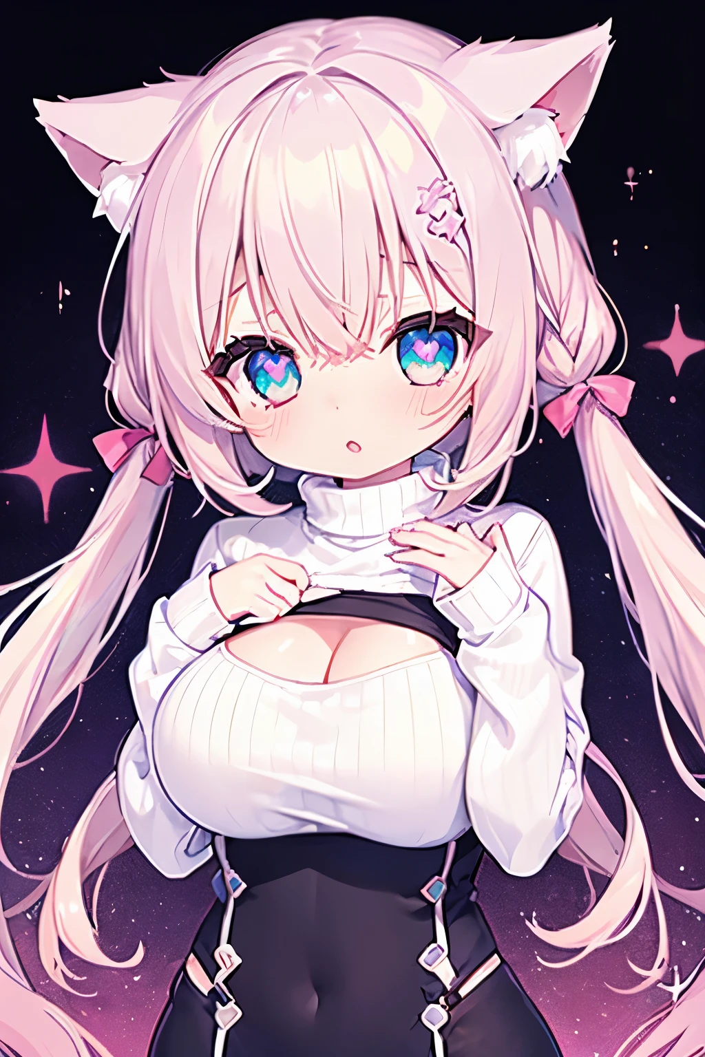 nsfw, virgin killer sweater, (sweater dress:1.2), ribbed sweater,sideboob, Cleavage Cut Out, turtleneck sweater,(white sweater:1.3), crop top　Navy,  light pink hair  ,Very beautiful and Sparkling Eyes、Sparkling Eyes、  1 girl、  big breasts at the temple、cat ears、((((( )))))、heart❤、((sweat、vapor)）,cat ears、 wear a collar 