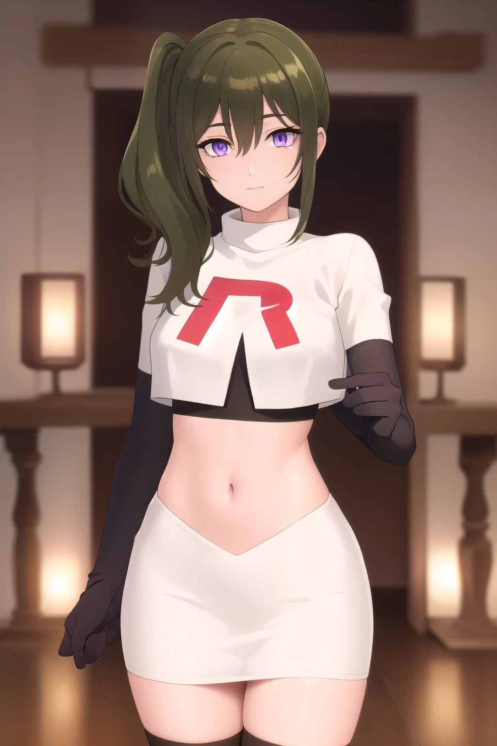 (masterpiece), best quality, high resolution, extremely detailed, detailed background, perfect lighting,ubel, medium hair, hair between eyes, green hair, side ponytail, (purple eyes:1.1), joyful eyes, cute pose, BREAK indoors, hot springs, BREAK looking at viewer, cowboy shot, BREAK, (masterpiece:1.2), best quality, high resolution, unity 8k wallpaper, (illustration:0.8), (beautiful detailed eyes:1.6), extremely detailed face, perfect lighting, extremely detailed CG, (perfect hands, perfect anatomy), solo, team rocket,team rocket uniform,white skirt,red letter R,crop top,black thigh-highs,black elbow gloves