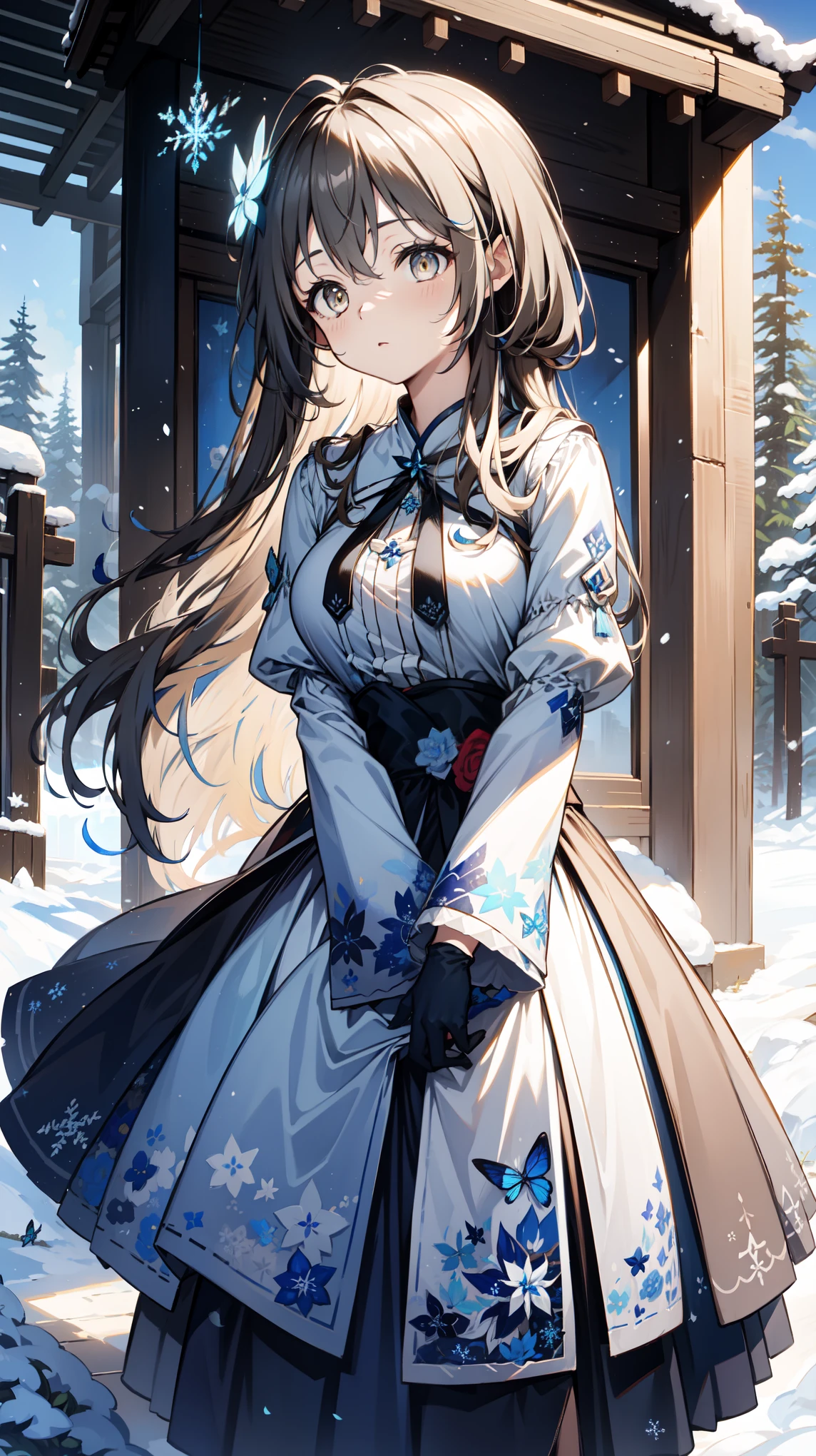      alone ，     brown hair       ,    pale   ,  Butterfly,    with sapphire eyes     ,  Butterfly装饰 Miss，  black gloves  ，  Decorated with dark blue snowflakes and a broad     {Ten个}   装饰 Miss，Snowflake decoration，Ice and Snow Impact  ，  top adorned with dark blue flowers and width  {Ten}   Wearing a Blue Dress ，  Decorating with Black    ,     一位身穿低胸衣的Miss     , Blue Ribbon,    Miss，，  top adorned with dark blue flowers and width    , Long gown，Wide-brimmed hat  ，Butterfly冲击，Highlights，