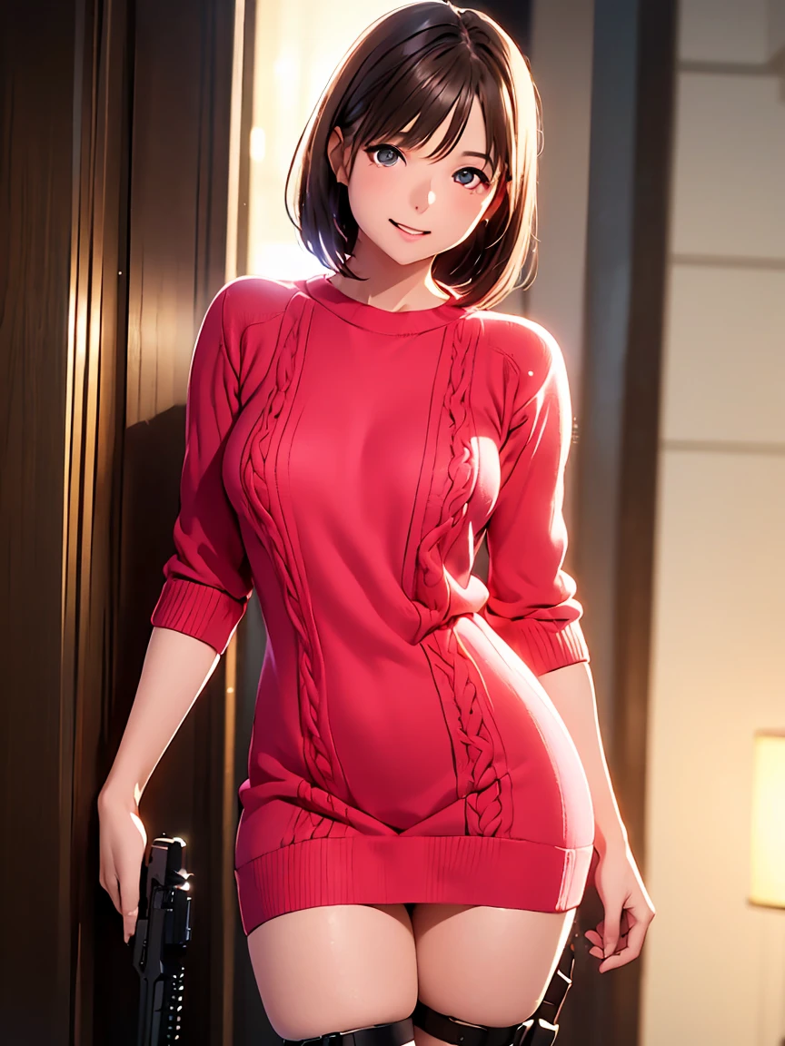   high definition  ,In 8K, best quality, Details,Semi-realistic anime, D-anime style, smooth animated CG, one girl , 19-year-old Japanese woman,slim,modeling,((Sparkling Eyes)),(( very short hair)),(( short bob)),(Maroon Glowing Hair ),(( light cream knit dress with leg holster)),((hair intakes)),(forehead), pink lips, Shiny brown hair,(( Jodie Foster)),((Smith&Wesson Guns )),(lady smith M36 wepon), Detailsな顔,Beautiful and  Details,((深い青紫色のSparkling Eyes)),(Open your mouth),(Laughter),(( beautiful silhouette )),(Turn around)),(((Thighs))),(( black leg holster )),((Gun )),