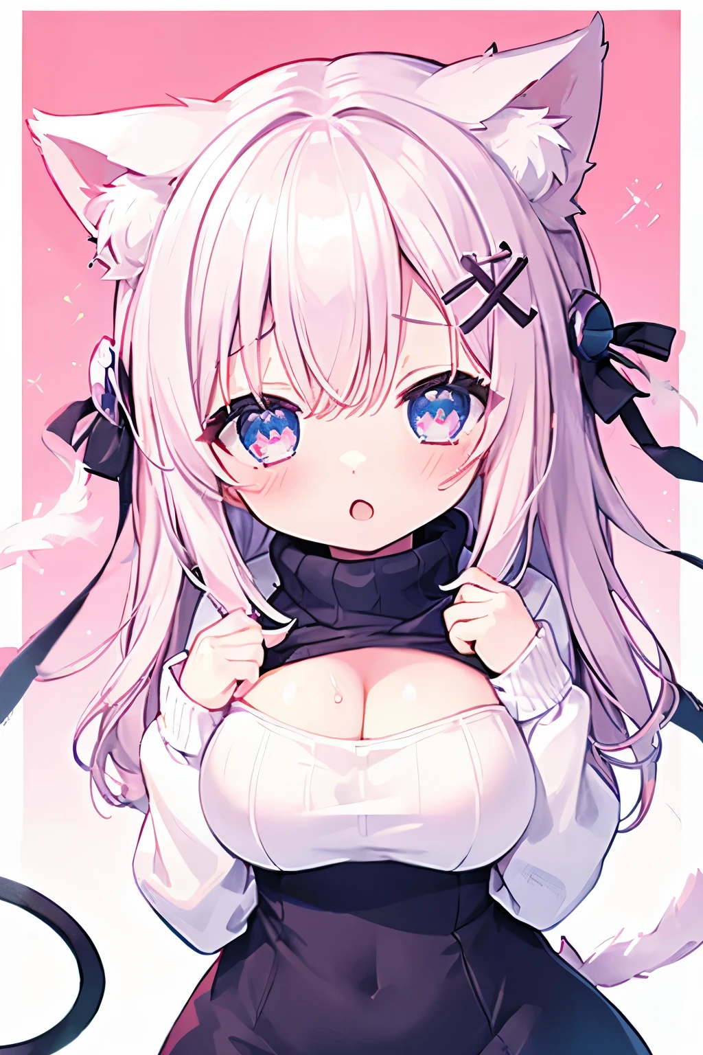 nsfw, virgin killer sweater, (sweater dress:1.2), ribbed sweater,sideboob, Cleavage Cut Out, turtleneck sweater,(white sweater:1.3), crop top　Navy,  light pink hair  ,Very beautiful and Sparkling Eyes、Sparkling Eyes、  1 girl、  big breasts at the temple、cat ears、((((( )))))、heart❤、((sweat、vapor)）,cat ears、 wear a collar 