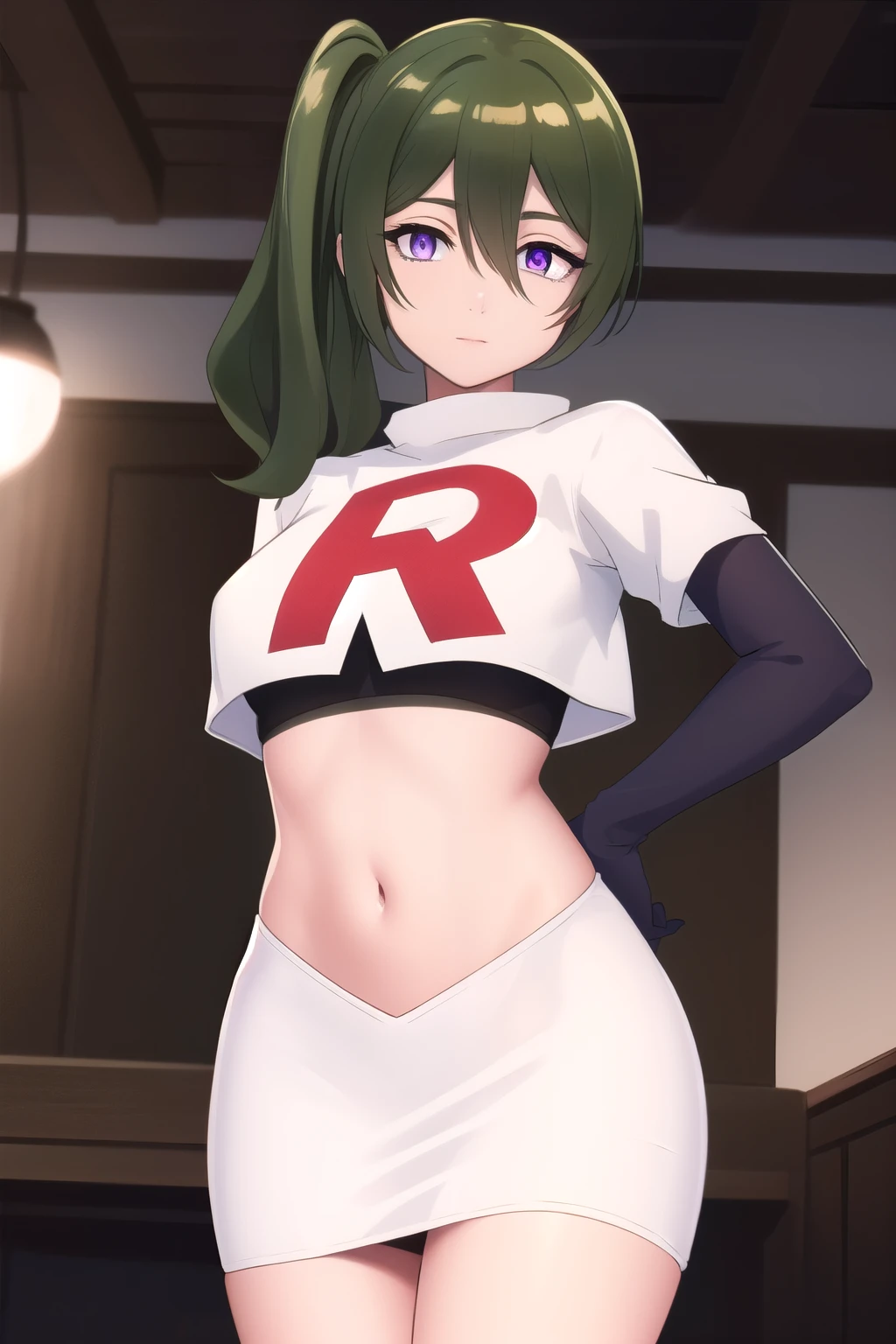 (masterpiece), best quality, high resolution, extremely detailed, detailed background, perfect lighting,ubel, medium hair, hair between eyes, green hair, side ponytail, (purple eyes:1.1), joyful eyes, cute pose, BREAK indoors, hot springs, BREAK looking at viewer, cowboy shot, BREAK, (masterpiece:1.2), best quality, high resolution, unity 8k wallpaper, (illustration:0.8), (beautiful detailed eyes:1.6), extremely detailed face, perfect lighting, extremely detailed CG, (perfect hands, perfect anatomy), solo, team rocket,team rocket uniform,white skirt,red letter R,crop top,black thigh-highs,black elbow gloves