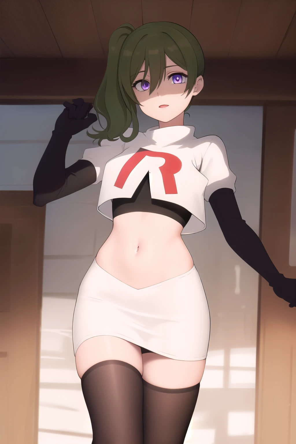 (masterpiece), best quality, high resolution, extremely detailed, detailed background, perfect lighting,ubel, medium hair, hair between eyes, green hair, side ponytail, (purple eyes:1.1), joyful eyes, cute pose, BREAK indoors, hot springs, BREAK looking at viewer, cowboy shot, BREAK, (masterpiece:1.2), best quality, high resolution, unity 8k wallpaper, (illustration:0.8), (beautiful detailed eyes:1.6), extremely detailed face, perfect lighting, extremely detailed CG, (perfect hands, perfect anatomy), solo, team rocket,team rocket uniform,white skirt,red letter R,crop top,black thigh-highs,black elbow gloves