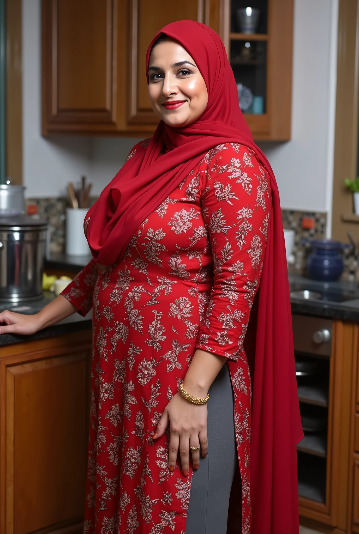 I am 50 year old plus size tall and big giant indian muslim women, looking like indian actress keerthi suresh, wearing red colour indian printed Sleevless indian kurti and shining glossy reflective mid-calf length gray tight leggings and red hijab,white-skin,white skin tone, beautiful face, red lips, clean skin, celebrity face, thick leggs, round ass,bulging ass,huge breast,scooping D cup Breast,long polished nails,7 inch gold lady peep heels,women have huge bulging ass, happy face,realistic photo,full body image,wide angle shot in camera, realistic photo, a black boy wearing black shorts only hugging women from behind,in kitchen,side view of women only,UHD photo
