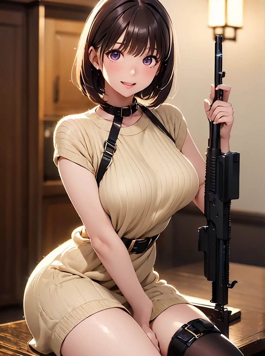   high definition  ,In 8K, best quality, Details,Semi-realistic anime, D-anime style, smooth animated CG, one girl , 19-year-old Japanese woman,slim,modeling,((Sparkling Eyes)),(( very short hair)),(( short bob)),(Maroon Glowing Hair ),(( light cream knit dress with leg holster)), pink lips, Shiny brown hair,((Smith&Wesson Guns )),(lady smith M36 wepon), Detailsな顔,Beautiful and  Details,((深い青紫色のSparkling Eyes)),(Open your mouth),(Laughter),(( beautiful silhouette )),(Turn around)),(((Thighs))),(( black leg holster )),((Gun )),(Turn around)