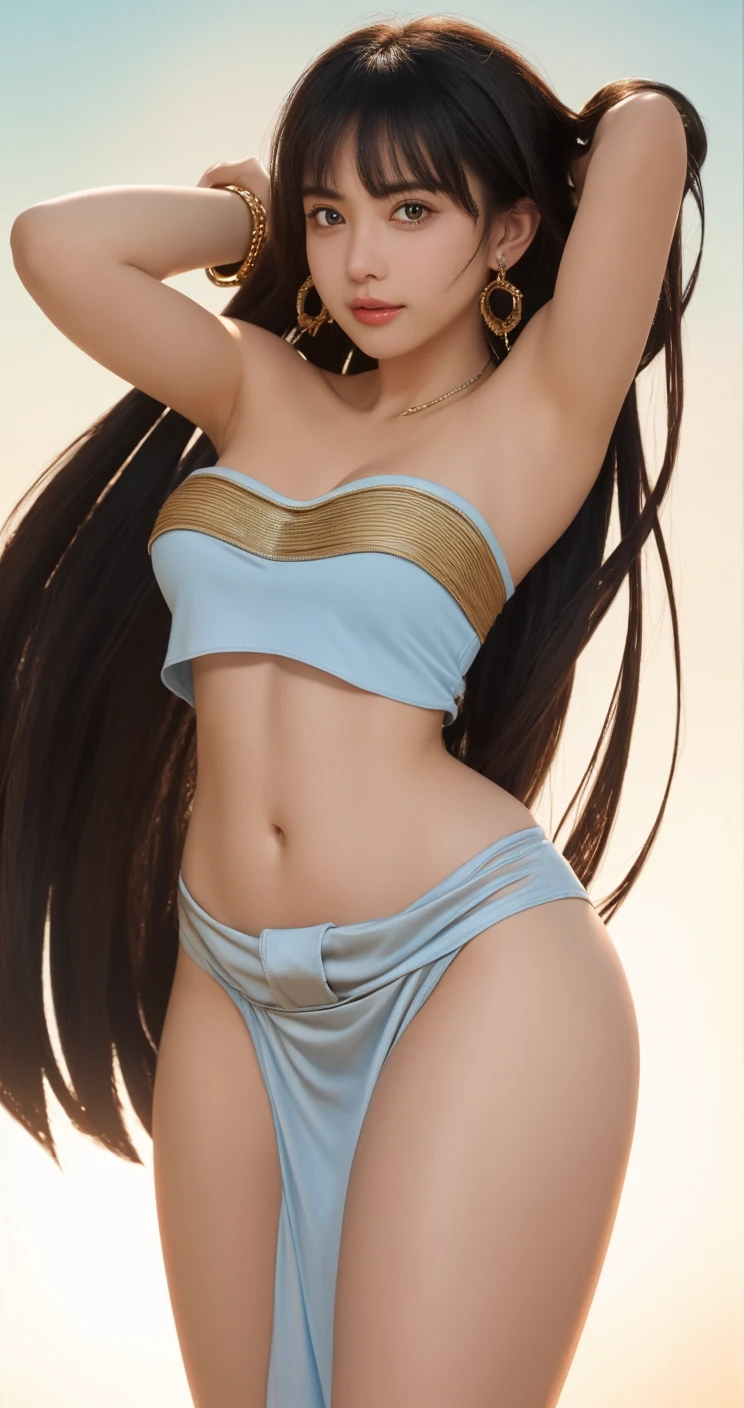 "Create a cartoon-style drawing of a lovely, slightly smiling girl from head to foots pose, resembling a Blythe doll. She is barefoot dressed in a bikini, has i brunette hair styled in a bob, dark eyes, a small cute nose, and a slender figure. The girl is standing facing forward with her hands hanging down by her sides, legs straight, and feet pointing forward."
