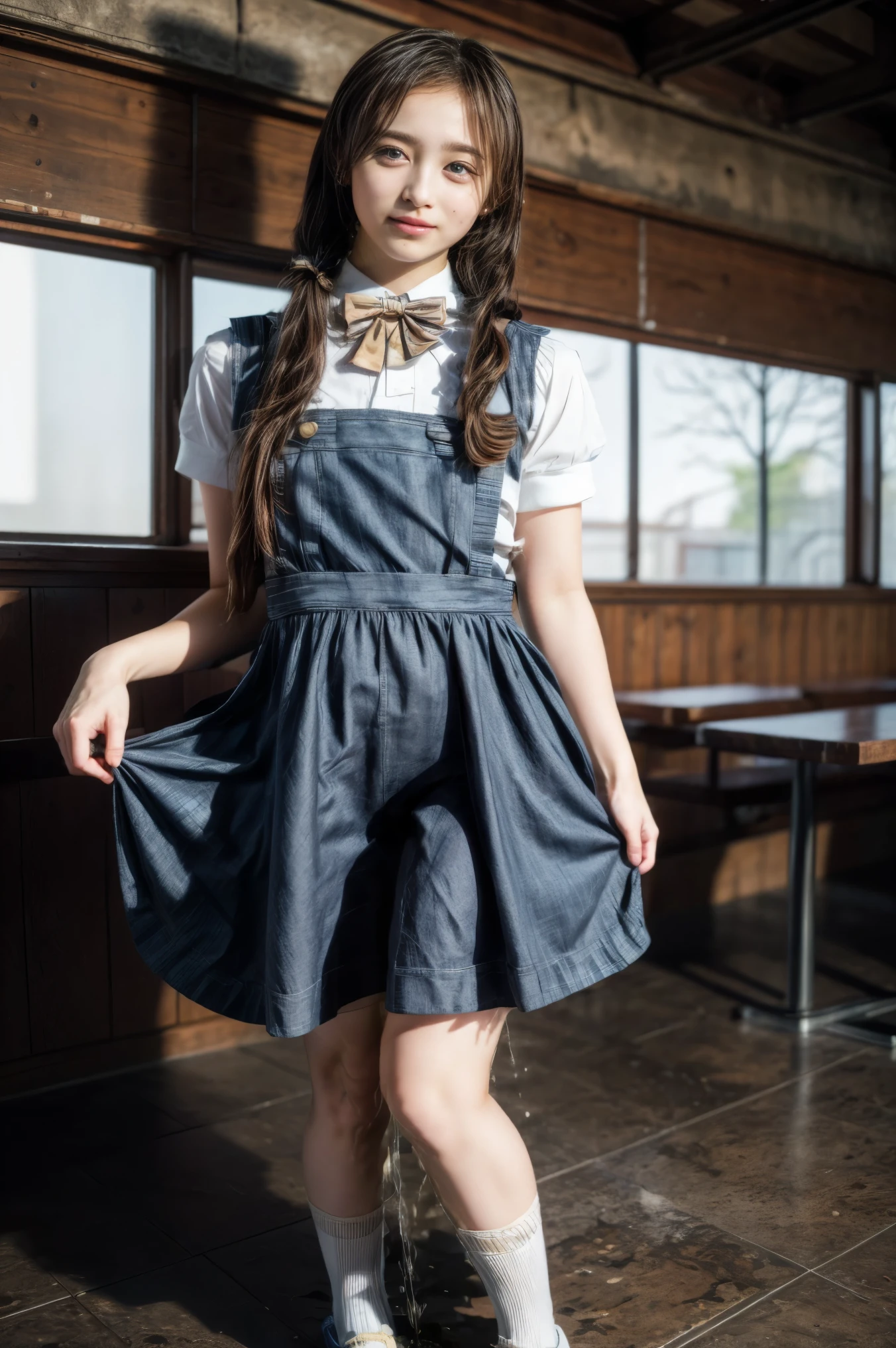 (masterpiece,best quality), (genuine, realistic, photo-realistic),8k,RAW photo, high resolution photograph of a Japanese beautiful girl, solo, 1girl, a junior high school student,beautiful face,thin nose,(dark hair,straight hair, twintails hair, hair scrunchie:1.2), (dark-blue pinafore dress, bowtie, junior high school uniform:1.3), looking at viewer, (full body, standing, open legs, bowlegged, socks, loafers:1.5), (skirt lift, lifted by self, skirt 's hem grabbing:1.5), (peeing self, urination:1.6), (pee puddle:1.2), photo background, Starbucks, coffee shop, cityscape,