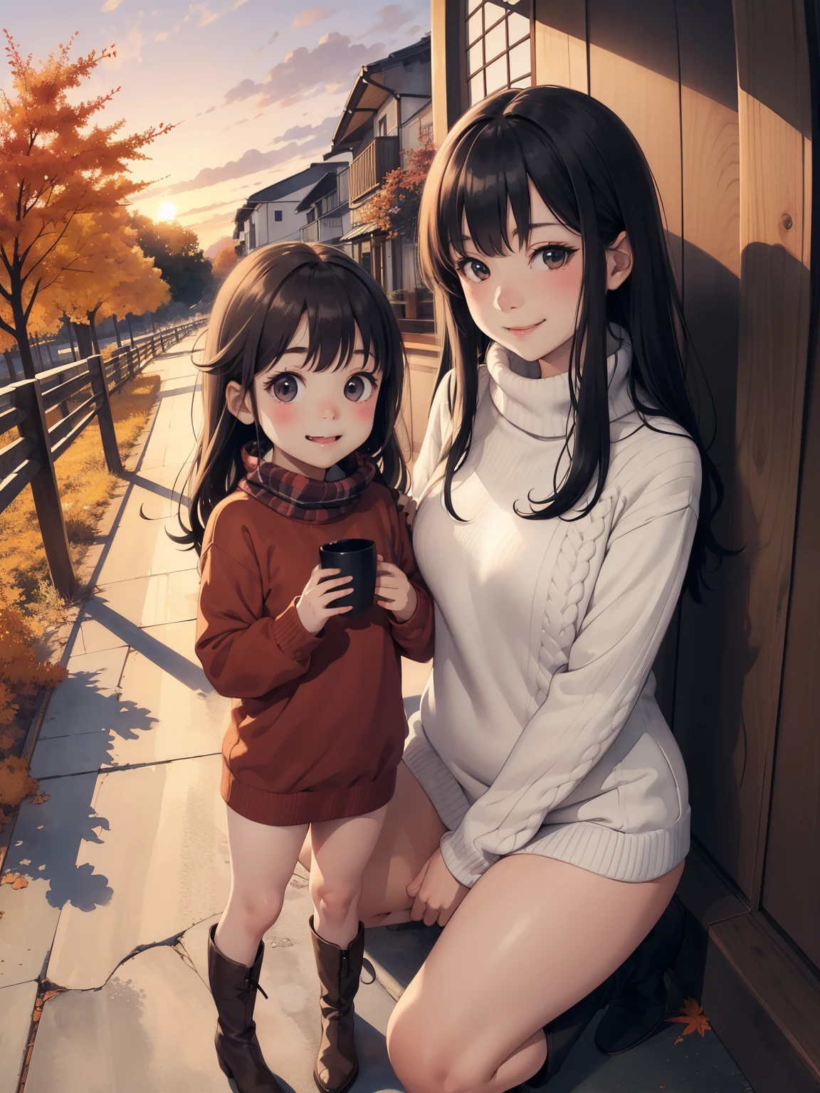 ( super flat ， flat shading ， flat color), (close),   Fisheye Lens ，cute chubby mother and cute daughter， short stature ， flat chest，  Thin Thighs ， warm oversized sweater ， muffler  ，Long Hair,   boots, smile, smile，fun，play，autumn，autumnのきれいな紅葉,  At dusk，Beautiful sunset，Wide angle,   bright color , watercolor, Ghibli style，  girl&#39;Lure，