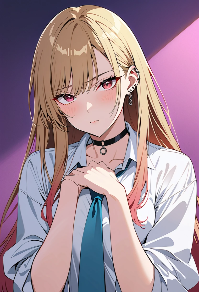 (masterpiece,  best quality, Mysterious aesthetics, Super detailed),  intricate detail that puts the arm in the crotch,  one girl ,  Marine Kitagawa, sono bisque doll wa koi wo suru, blonde, red eyes, Ear Piercing, Barbell Piercing,  black choker ,  colored shirt ,  white shirt,  earrings for a woman alone,  blue tie , Green, in,  stare ,  upper body, Lift your hands up to your chest