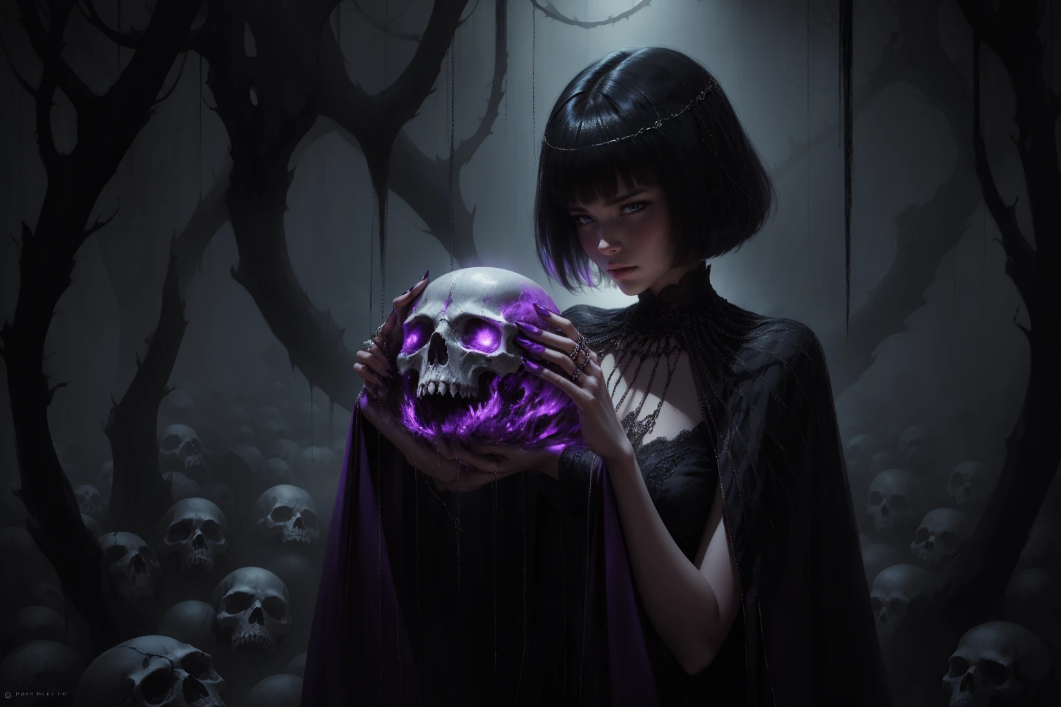 woman 30 years old, witchcraft, magician,magic clothes, where poison potions and vines abound, a woman (hutless), short black hair (black hair), (bangs), (purple eyes), looks at you amidst a pile of bones and skulls. Indifferent look , merciless. among the skulls, dancing lightly, Angry face, dinamic poses, egoist smile, dark atmosphere, gothic, intrigant, backwards, looking back