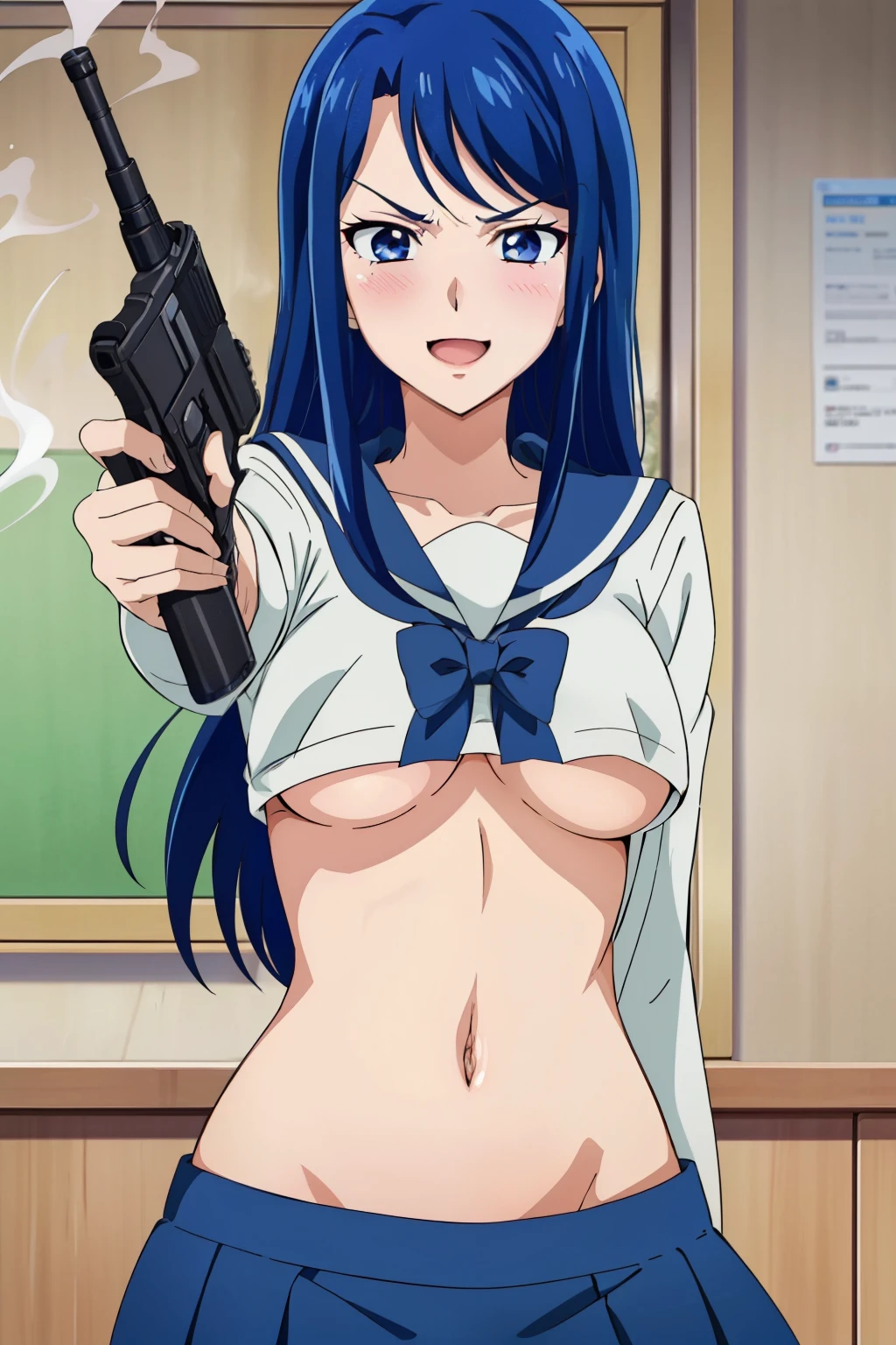  1girl, Minazuki Karen, minazukikaren, long hair, blush, lipstick, Hot girl, baddie, staring, glaring, bad attitude, mean girl, crazy, smoking, sensual, attractive, masterpiece, best quality, highly detailed, a anime girls in sailor uniforms with a gun posing for a picture,
evil smile, smile, open mouth,black_serafuku, ecchi anime style, anime girls , (nsfw) not safe for work,
ecchi style, ecchi, shipgirls, digital anime art!!, high school girls, holding a gun, hold a gun, anime style 4
k, micro skirt, exposed belly, exposed navel, exposed midriff, holding pistol,underboob,
exposed lower belly,school, classroom,  