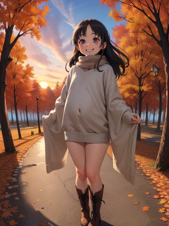 ( super flat ， flat shading ， flat color), (close),  Fisheye Lens ，cute chubby mother and cute daughter， short stature ， flat chest，  Thin Thighs ， warm oversized sweater ， muffler  ，Long Hair,  boots, smile, smile，fun，play，autumn，autumnのきれいな紅葉, At dusk，Beautiful sunset，Wide angle, bright color, watercolor, Ghibli style， girl&#39;Lure，