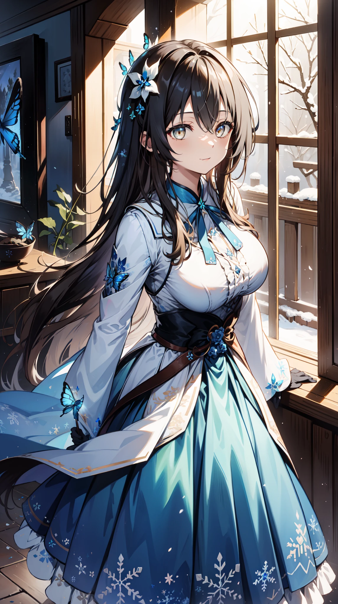      alone ，     brown hair       ,    pale   ,  Butterfly,    with sapphire eyes     ,  Butterfly装饰 Miss，  black gloves  ，  Decorated with dark blue snowflakes and a broad     {Ten个}   装饰 Miss，Snowflake decoration，Ice and Snow Impact  ，  top adorned with dark blue flowers and width  {Ten}   Wearing a Blue Dress ，  Decorating with Black    ,     一位身穿低胸衣的Miss     , Blue Ribbon,    Miss，，  top adorned with dark blue flowers and width    , Long gown，Wide-brimmed hat  ，Butterfly冲击