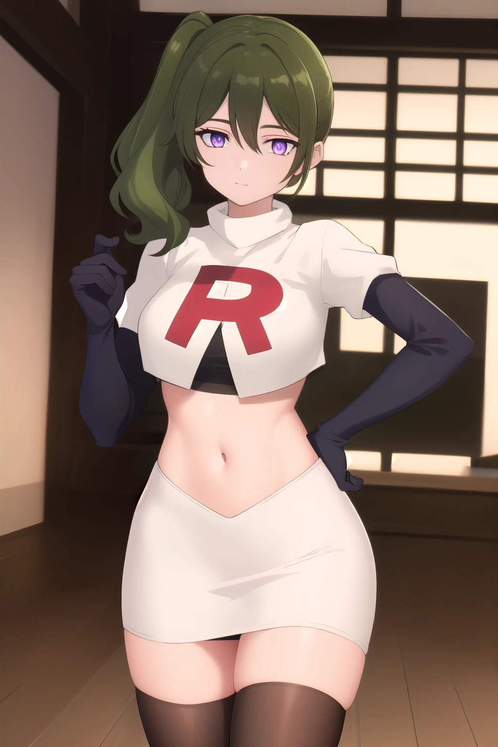 (masterpiece), best quality, high resolution, extremely detailed, detailed background, perfect lighting,ubel, medium hair, hair between eyes, green hair, side ponytail, (purple eyes:1.1), joyful eyes, cute pose, BREAK indoors, hot springs, BREAK looking at viewer, cowboy shot, BREAK, (masterpiece:1.2), best quality, high resolution, unity 8k wallpaper, (illustration:0.8), (beautiful detailed eyes:1.6), extremely detailed face, perfect lighting, extremely detailed CG, (perfect hands, perfect anatomy), solo, team rocket,team rocket uniform,white skirt,red letter R,crop top,black thigh-highs,black elbow gloves