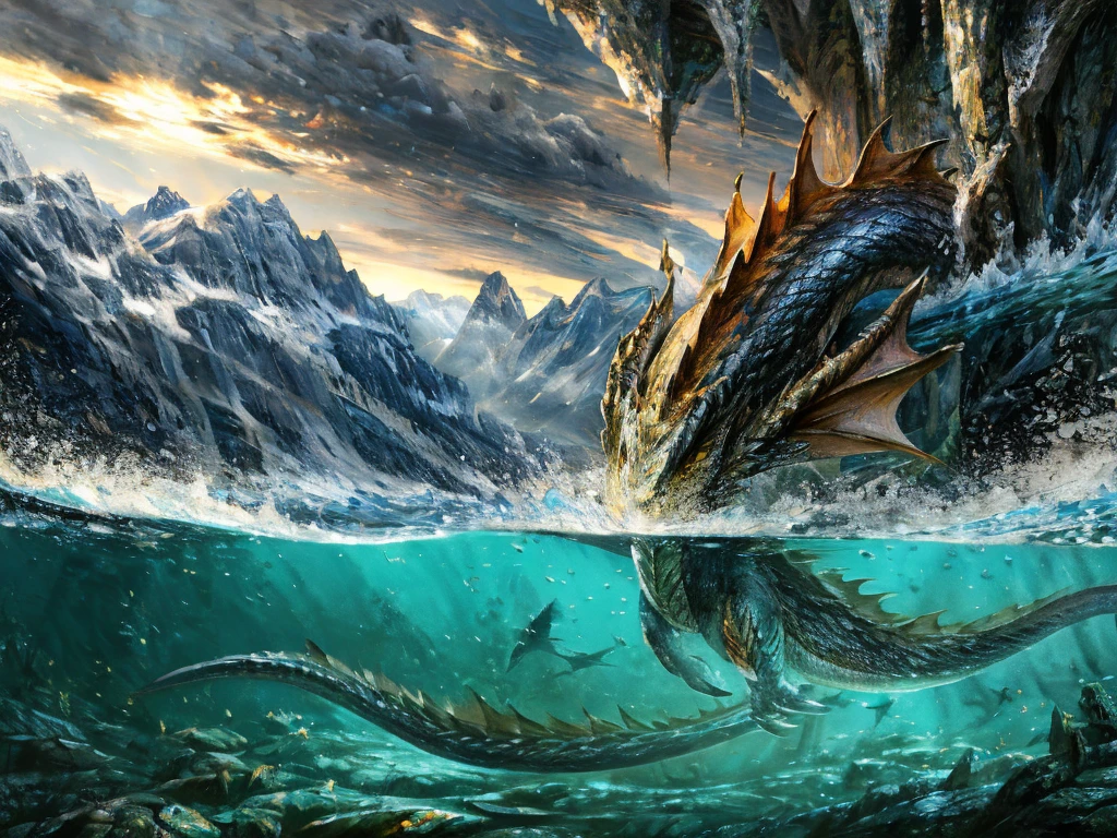 (1Tiefling  , young woman, blue-grey leather, ( a long, thick, smooth dragon blue-gray tail )), stands with its back to the lake ,  dynamic pose, speakers .  In the lake, under water, you can see a sea serpent with an elongated muzzle and 4 fins on its head.
( Muted dark cold colors). Hyper HD,  epic ， ultra-clear ，lights,   Textured leather  ,  high detail ,  high quality,  oil painting, masterpiece, ( Very detailed 4k wallpaper ), ( best illustration ), (the best shadow),  realistic ,  beautiful detailed glow .  beautiful island in the middle of .
(glowing light),   ray tracing  , (reflected light),  optical illusion ,  Textured leather ,  Epic digital fantasy art style ,  epic  фантазийный стиль,  extremely detailed artgerm , (Fantasy 4k art), anime art,  fine art , stunning, (brilliant:1.1), (light reflections:1.2).