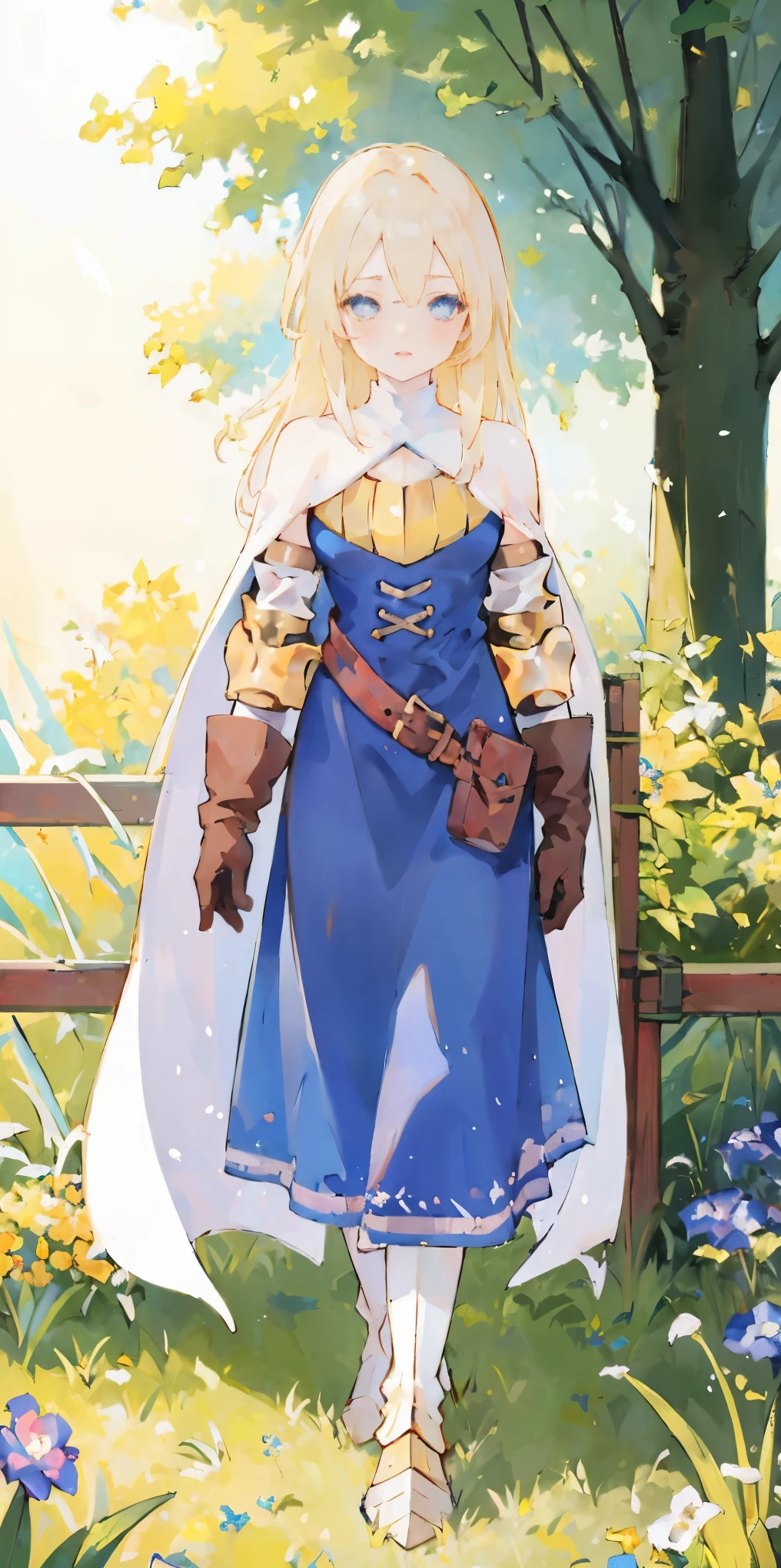 (masterpiece, best quality), 1girl, KnightFFT, long hair, blonde hair, blue eyes, cape, armor, blue dress, belt, gloves, boots