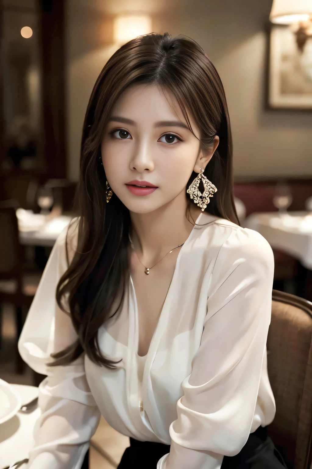 masterpiece, highest quality, Realistic, Very detailed, Finer details, High resolution, 8k wallpaper, One beautiful woman, Wear an elegant white see-through blouse, In a great restaurant, At night, Light brown messy hair, Perfect dynamic composition, Beautiful and beautiful eyes、Big earrings、Sitting in a chair、