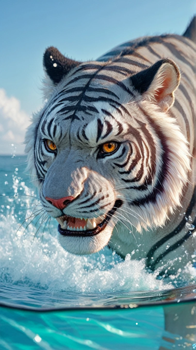 Generate an ultra-realistic 18K high-resolution image of a colossal hybrid creature, combining the traits of a Tiger and a Great White Shark. The creature has sleek, grey shark-like skin adorned with bold, black tiger stripes running across its massive, muscular body. Its head bears the wide jaw of a shark with sharp, serrated teeth, but its face retains the fierce expression, amber eyes, and whiskers of a tiger. It has powerful tiger legs, webbed with shark fins, and a tiger's tail designed for agility. A prominent dorsal fin of a shark rises from its back. It stands on jagged rocks at the edge of a choppy ocean, with storm clouds swirling in the sky. The water partially reveals the hybrid’s body submerged beneath the waves. Captured with ultra-HD 24-bit color depth for enhanced vividness, HDR (0.98) amplifies the dramatic contrasts between the stormy sky and the creature’s features. Ray tracing (1.1) highlights the intricate textures of its skin, fur, and fins, while subsurface scattering (1.0) gives the hybrid a lifelike glow. Advanced depth of field (0.85) ensures sharp focus on the creature, with a slightly blurred background, while volumetric lighting (1.1) adds depth to the atmosphere. Dynamic lighting (1.05) and global illumination (1.0) enhance the scene, making the hybrid appear otherworldly. The scene’s cinematic intensity and lifelike details highlight the hybrid’s size, dominance, and terrifying beauty, emphasizing its strength and fearsome presence in a stormy oceanic environment.