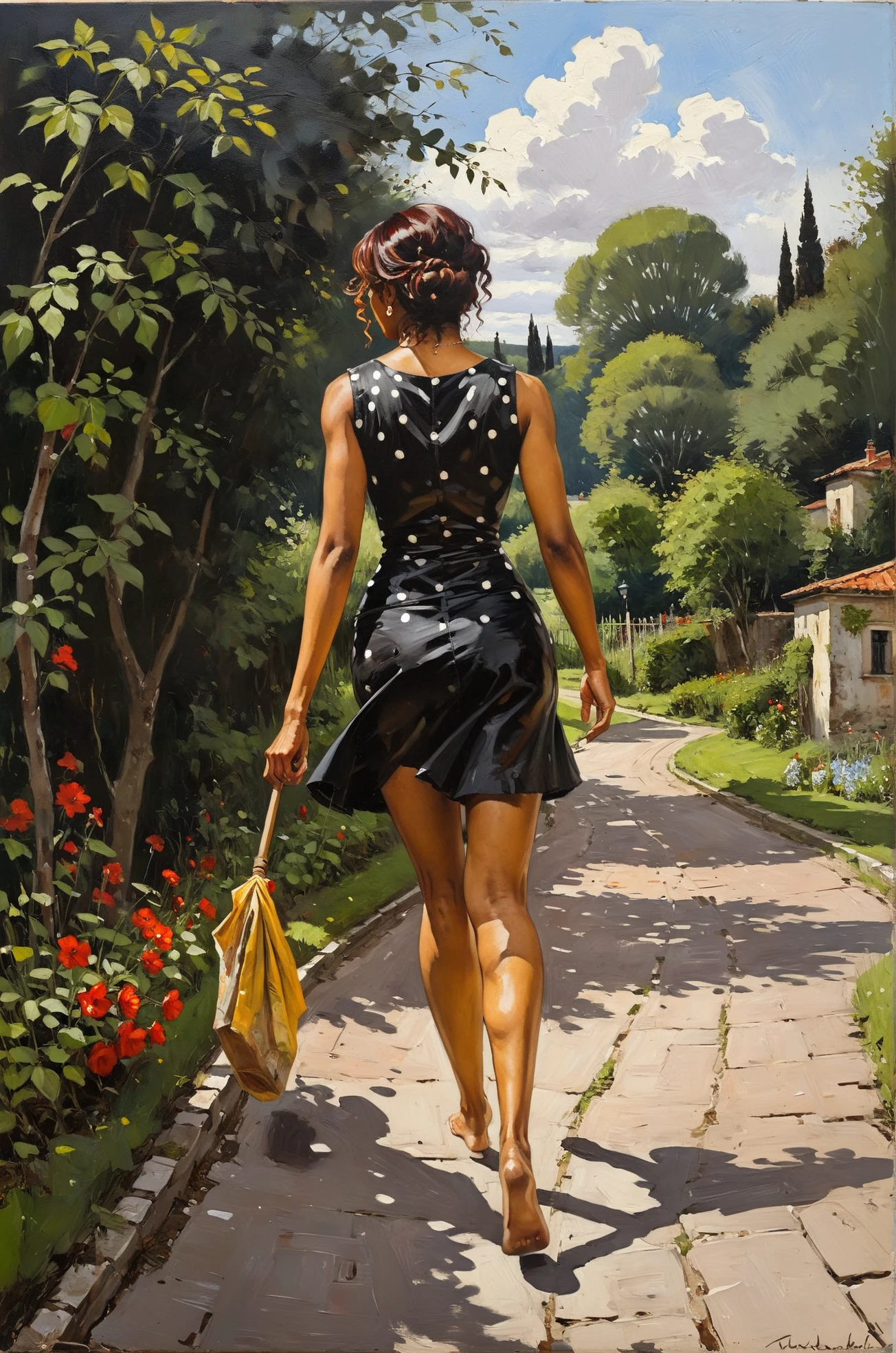 Very authentic painting by Andrew Atroshenko & Waldemar Kazak of a naked mulatto woman in a polka dot dress walking on a paved path next to a, Zsuzsa Máthé, walking away from the camera, walking at the garden, walking towards camera, wearing black vest and skirt , visible flat brushstrokes  , full body shown ,  on dark background, light leaks, Arcylic Oil Painting , flat vector art ,  The painting is done with loose brushstrokes and vibrant imperial colors. The overall mood of the painting is provocative, sensual
