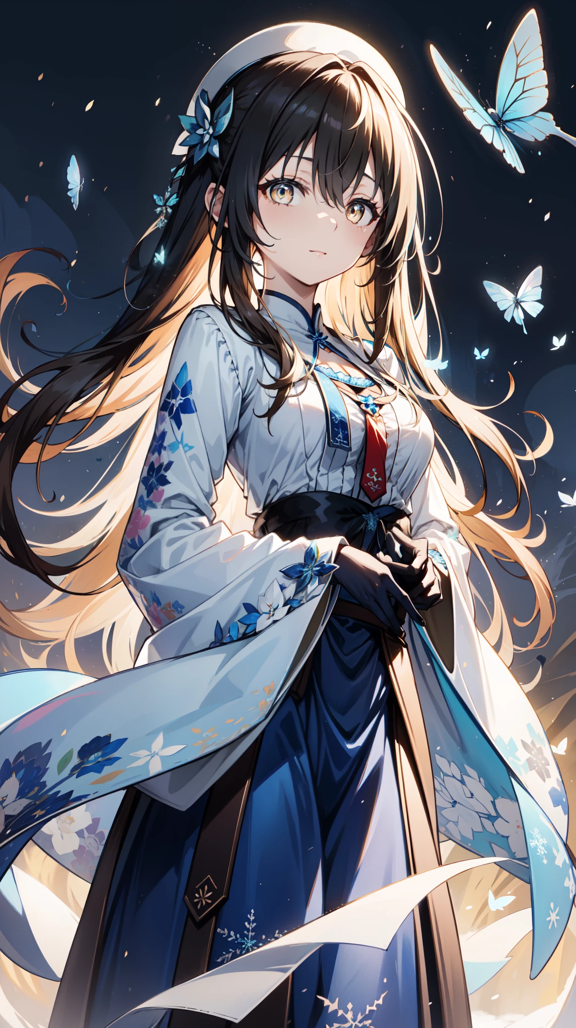      alone ，     brown hair       ,    pale   ,  Butterfly,    with sapphire eyes     ,  Butterfly装饰 Miss，  black gloves  ，  Decorated with dark blue snowflakes and a broad     {Ten个}   装饰 Miss，Snowflake decoration，Ice and Snow Impact  ，  top adorned with dark blue flowers and width  {Ten}   Wearing a Blue Dress ，  Decorating with Black    ,     一位身穿低胸衣的Miss     , Blue Ribbon,    Miss，，  top adorned with dark blue flowers and width    , Long gown，Wide-brimmed hat  ，Butterfly冲击