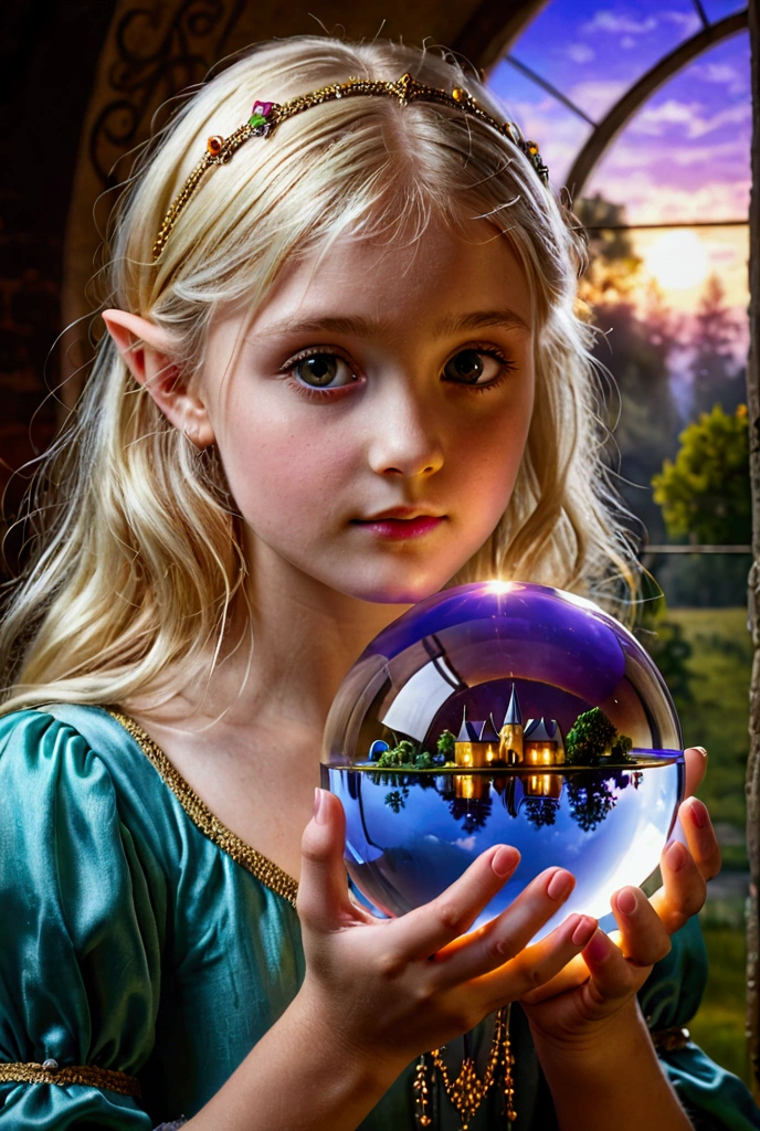 Little girl sees a glowing crystal ball in the dark and scary forest