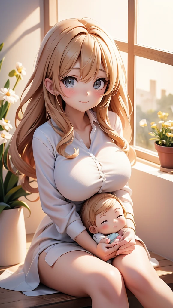 8k ⒉5D Real Anime Girl Style, A Beautiful Mother, A Beautiful , A Beautiful Mother Sitting With A Cute Baby in the House, A Close Body Picture of A Beautiful Girl Sitting By An Open Terrace Window With Warm Sunlight All Over Her Body