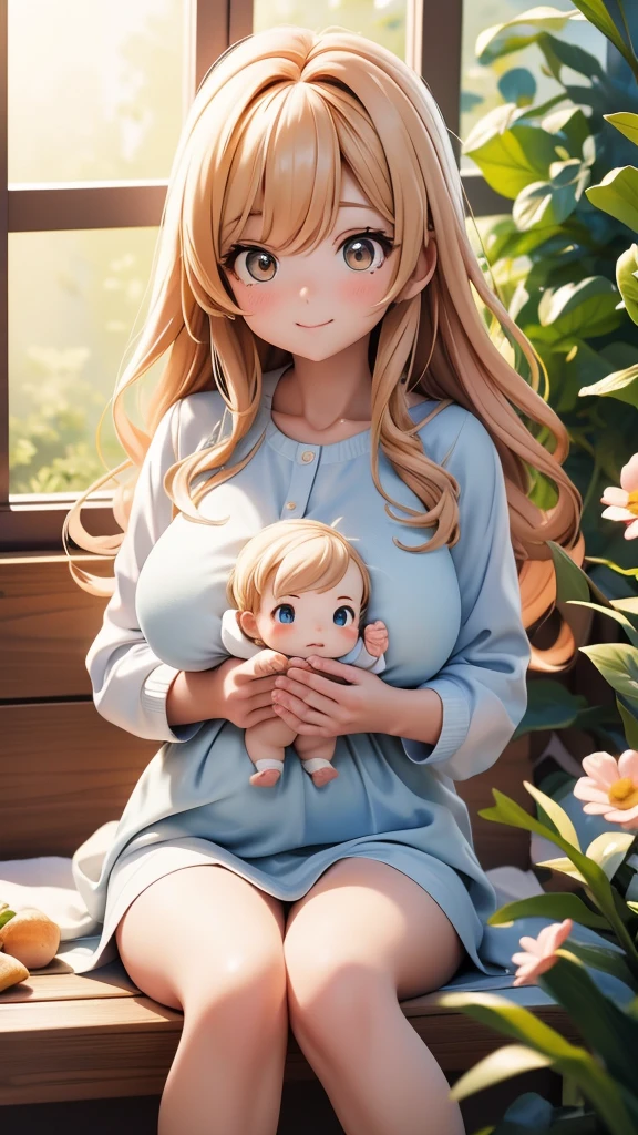 8k ⒉5D Real Anime Girl Style, A Beautiful Mother, A Beautiful , A Beautiful Mother Sitting With A Cute Baby in the House, A Close Body Picture of A Beautiful Girl Sitting By An Open Terrace Window With Warm Sunlight All Over Her Body