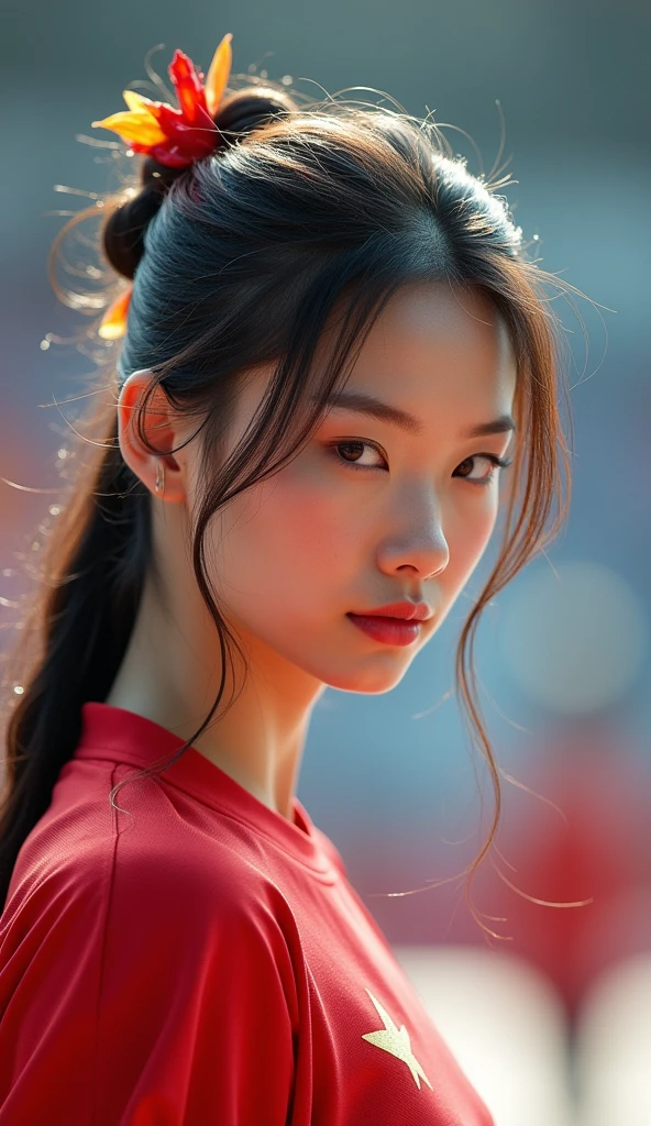 Chinese Beauty， archery at the Olympics ，Chinese Team，1 Beauty， fine facial features， cute， white skin，Long hair，Full body photo，Panoramic view，Wide-angle lens， Olympic venues ，PROFESSIONAL GEAR ，Key Points， ten rings ， Olympic games background 