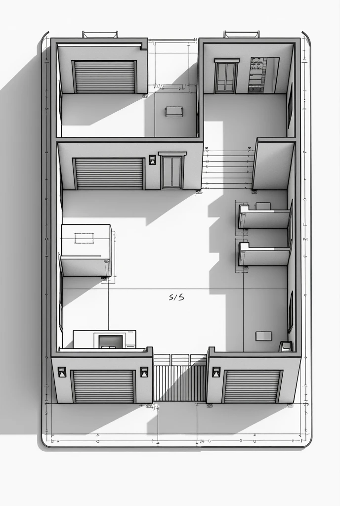 Prompt:
"Create a detailed top-down architectural floor plan of the first floor of a commercial building located on a corner lot. The building measures 10 meters wide (facing Jr. Grau Street) by 14 meters deep (facing Rosember Street). The design includes the following:

Three equal-sized retail stores, each with two entrances: one entrance on Rosember Street and one entrance on Jr. Grau Street. All entrances are equipped with rolling shutter doors.
The other two sides of the building directly border neighboring structures, with no openings or doors.
A main entrance for accessing the second floor is located on Rosember Street, separate from the entrances to the retail stores. This entrance leads to an internal staircase positioned towards the rear of the building.
Each store includes a small bathroom at the rear of its space.
The layout should prioritize functionality, with clear labeling for all elements and a modern design suitable for commercial use."