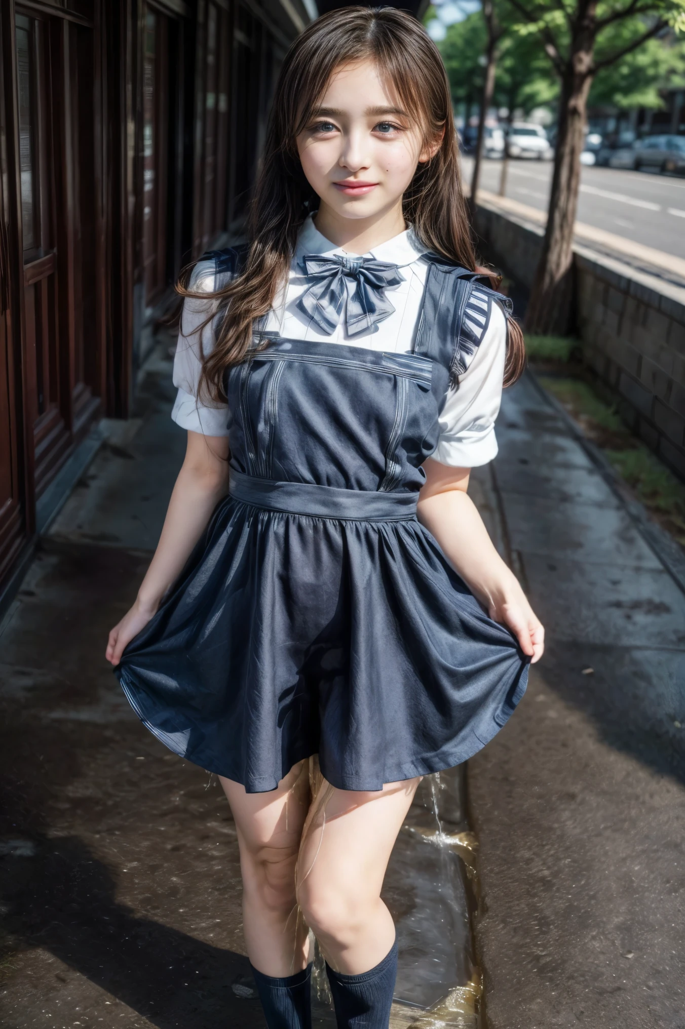 (masterpiece,best quality), (genuine, realistic, photo-realistic),8k,RAW photo, high resolution photograph of a Japanese beautiful girl, solo, 1girl, a junior high school student,beautiful face,thin nose,(dark hair,straight hair, twintails hair, hair scrunchie:1.2), (dark-blue pinafore dress, bowtie, junior high school uniform:1.3), looking at viewer, (full body, standing, open legs, bowlegged, socks, loafers:1.5), (skirt lift, lifted by self, skirt 's hem grabbing:1.5), (peeing self, urination:1.6), (pee stain, pee running down her legs, pee puddle:1.2), photo background, Starbucks, coffee shop, cityscape,