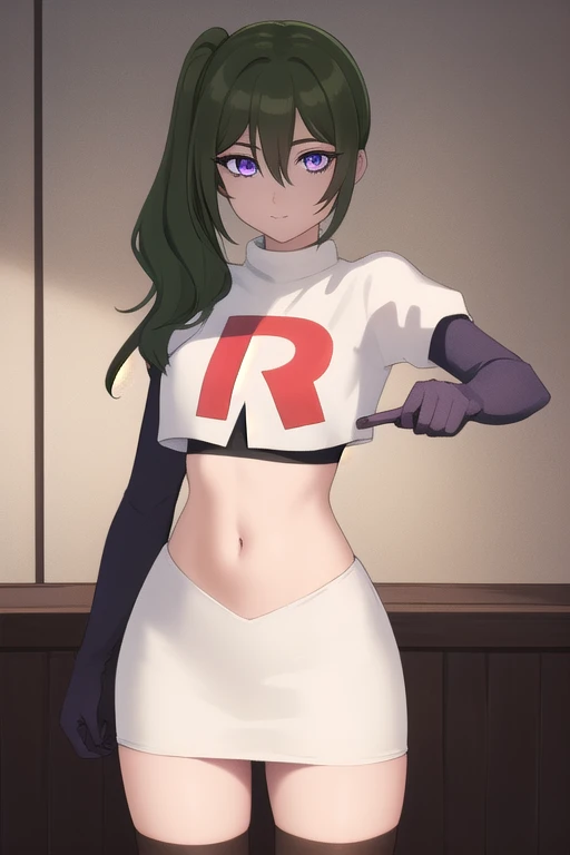 (masterpiece), best quality, high resolution, extremely detailed, detailed background, perfect lighting,ubel, medium hair, hair between eyes, green hair, side ponytail, (purple eyes:1.1), joyful eyes, cute pose, BREAK indoors, hot springs, BREAK looking at viewer, cowboy shot, BREAK, (masterpiece:1.2), best quality, high resolution, unity 8k wallpaper, (illustration:0.8), (beautiful detailed eyes:1.6), extremely detailed face, perfect lighting, extremely detailed CG, (perfect hands, perfect anatomy), solo, team rocket,team rocket uniform,white skirt,red letter R,crop top,black thigh-highs,black elbow gloves