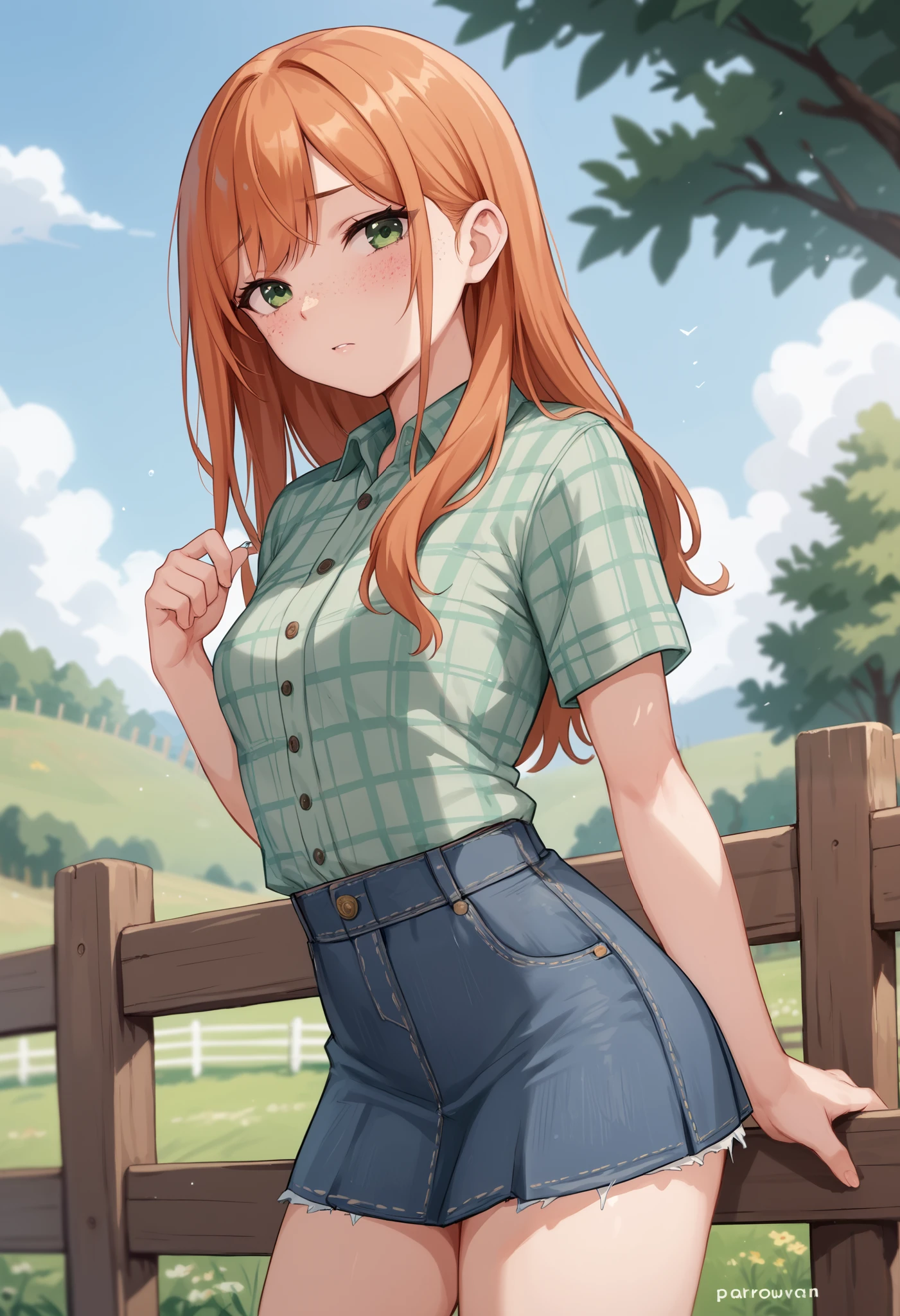 petite anime girl, small breasts, long ginger hair, green eyes, freckles, shy, farm backgrounds, wearing a green plaid shirt and a denim mini skirt, leaning against fence