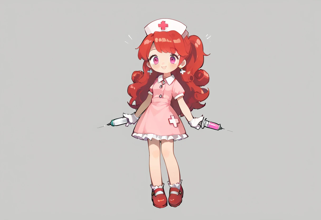 1girl, solo, masterpiece, best quality, (anime art style:1.0), 2d, dynamic shadows, masterpiece, best quality, (anime art style:1.0), 2d, dynamic shadows, atmosferic, pink eyes, smiling, blushing, black and red nurse outfit, red Mary Jane shoes, white frilly socks, holding a syringe, long curly red hair, hospital landscape/background, small breasts, cute, cross earrings