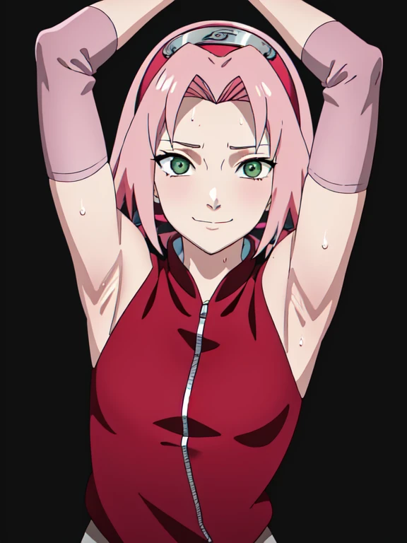 haruno sakura, pink hair, short hair, green eyes, small breasts, elbow pads, pink elbow pads, hairband, sleeveless, red shirt, toeless footwear, bandages, forehead protector, 1girl, solo, anime screencap, frontlighting, (simple background, black background, dark background:1.3), masterpiece, absurdres, hdr, soft light, best quality, detailed, highres, shiny skin, shiny hair, (looking at viewer, eye contact with viewer:1.5), smile, smug, (closed mouth:1.2), arms up, raised arms, armpits, in the center, symmetrical, upright, detailed armpits, sweaty armpits, sweating