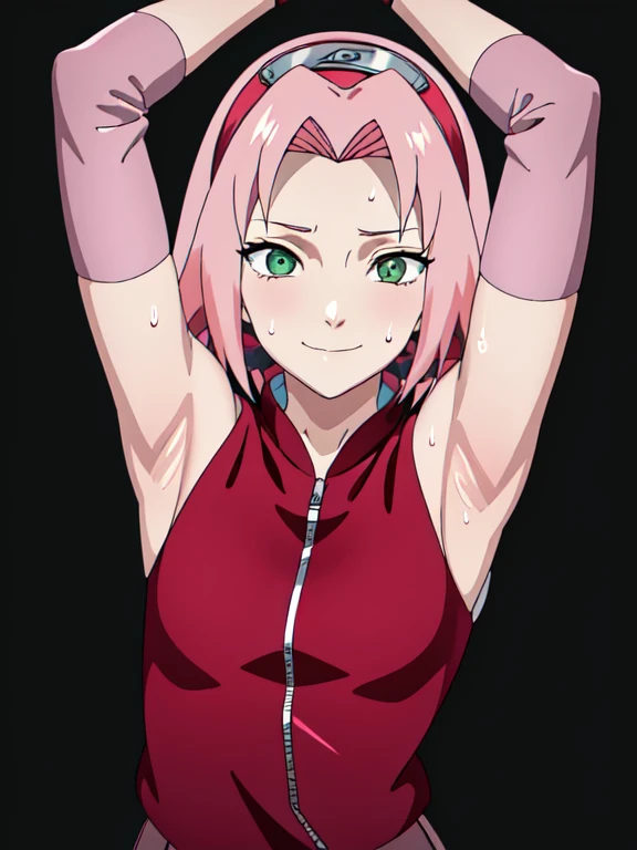 haruno sakura, pink hair, short hair, green eyes, small breasts, elbow pads, pink elbow pads, hairband, sleeveless, red shirt, toeless footwear, bandages, forehead protector, 1girl, solo, anime screencap, frontlighting, (simple background, black background, dark background:1.3), masterpiece, absurdres, hdr, soft light, best quality, detailed, highres, shiny skin, shiny hair, (looking at viewer, eye contact with viewer:1.5), smile, smug, (closed mouth:1.2), arms up, raised arms, armpits, in the center, symmetrical, upright, detailed armpits, sweaty armpits, sweating