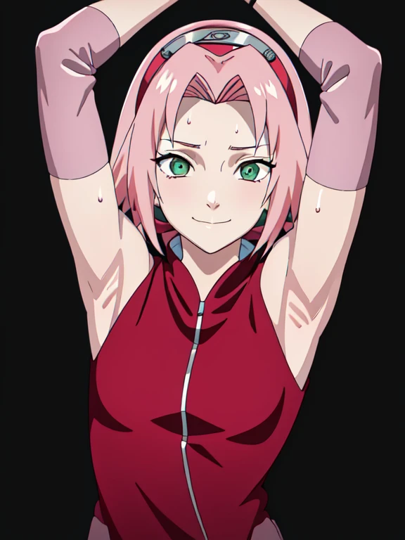 haruno sakura, pink hair, short hair, green eyes, small breasts, elbow pads, pink elbow pads, hairband, sleeveless, red shirt, toeless footwear, bandages, forehead protector, 1girl, solo, anime screencap, frontlighting, (simple background, black background, dark background:1.3), masterpiece, absurdres, hdr, soft light, best quality, detailed, highres, shiny skin, shiny hair, (looking at viewer, eye contact with viewer:1.5), smile, smug, (closed mouth:1.2), arms up, raised arms, armpits, in the center, symmetrical, upright, detailed armpits, sweaty armpits, sweating